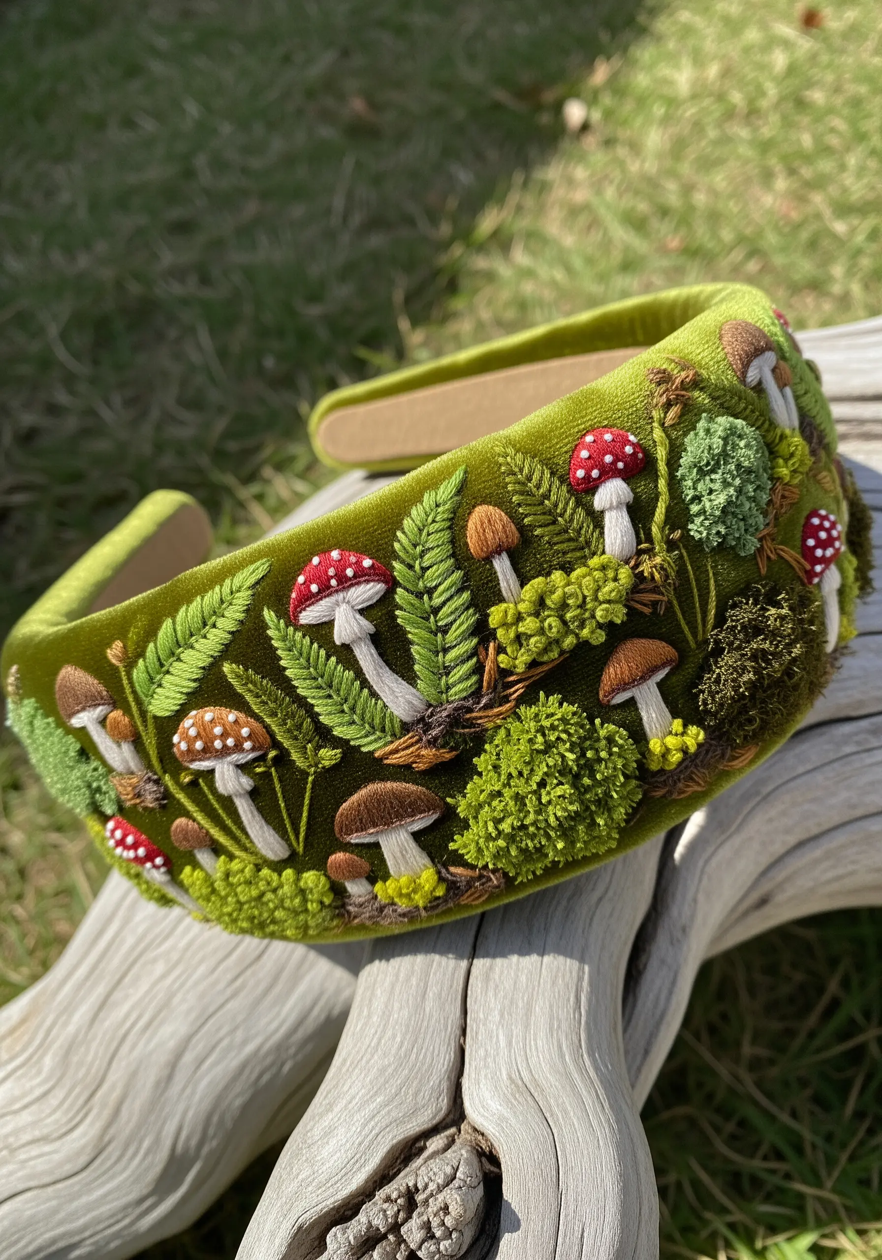 Mushroom and moss turkey work on green velvet headband