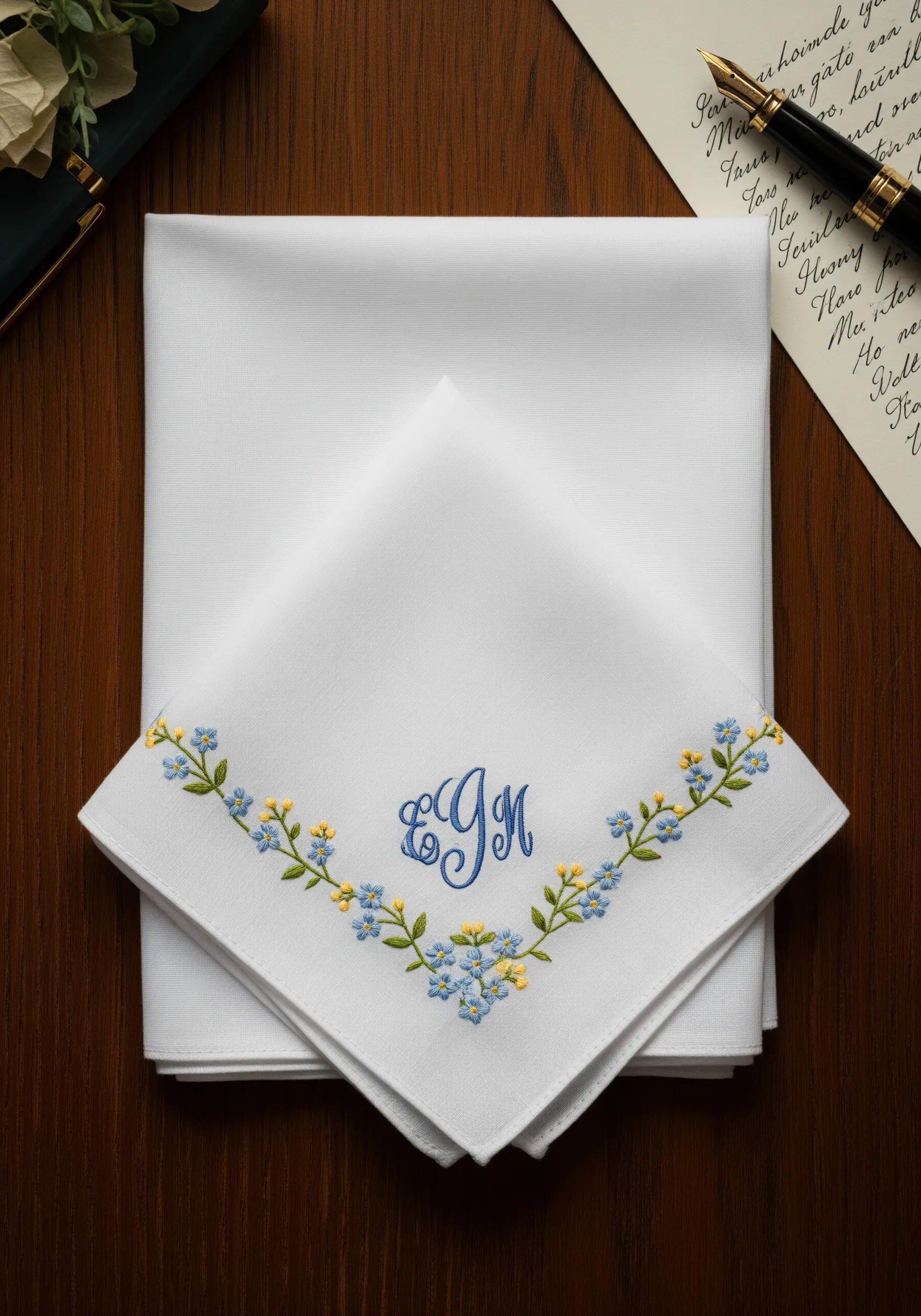 A classic white handkerchief with a delicate corner border of embroidered forget-me-not flowers.
