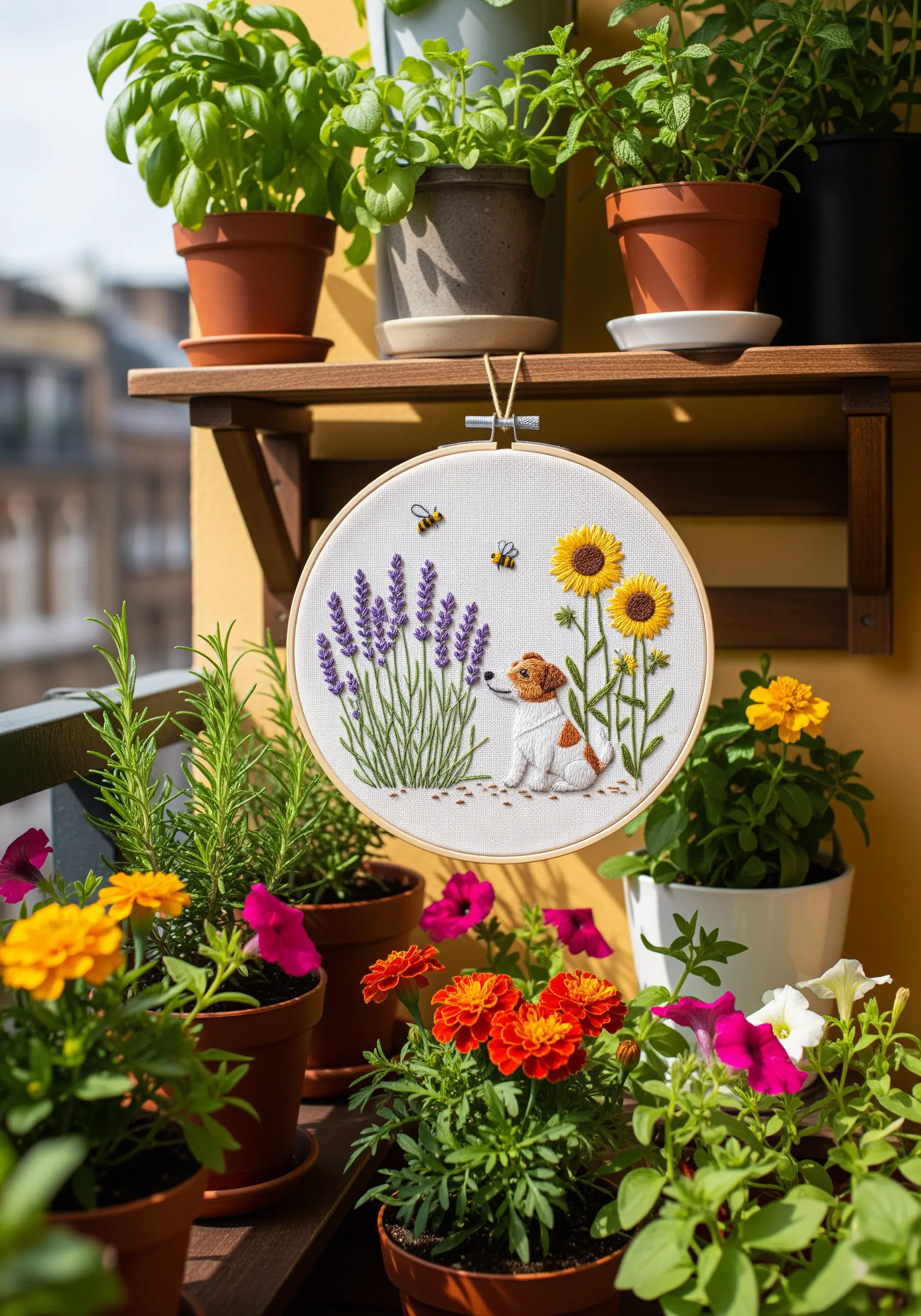 An embroidered dog sitting amongst lavender, sunflowers, and buzzing bees.