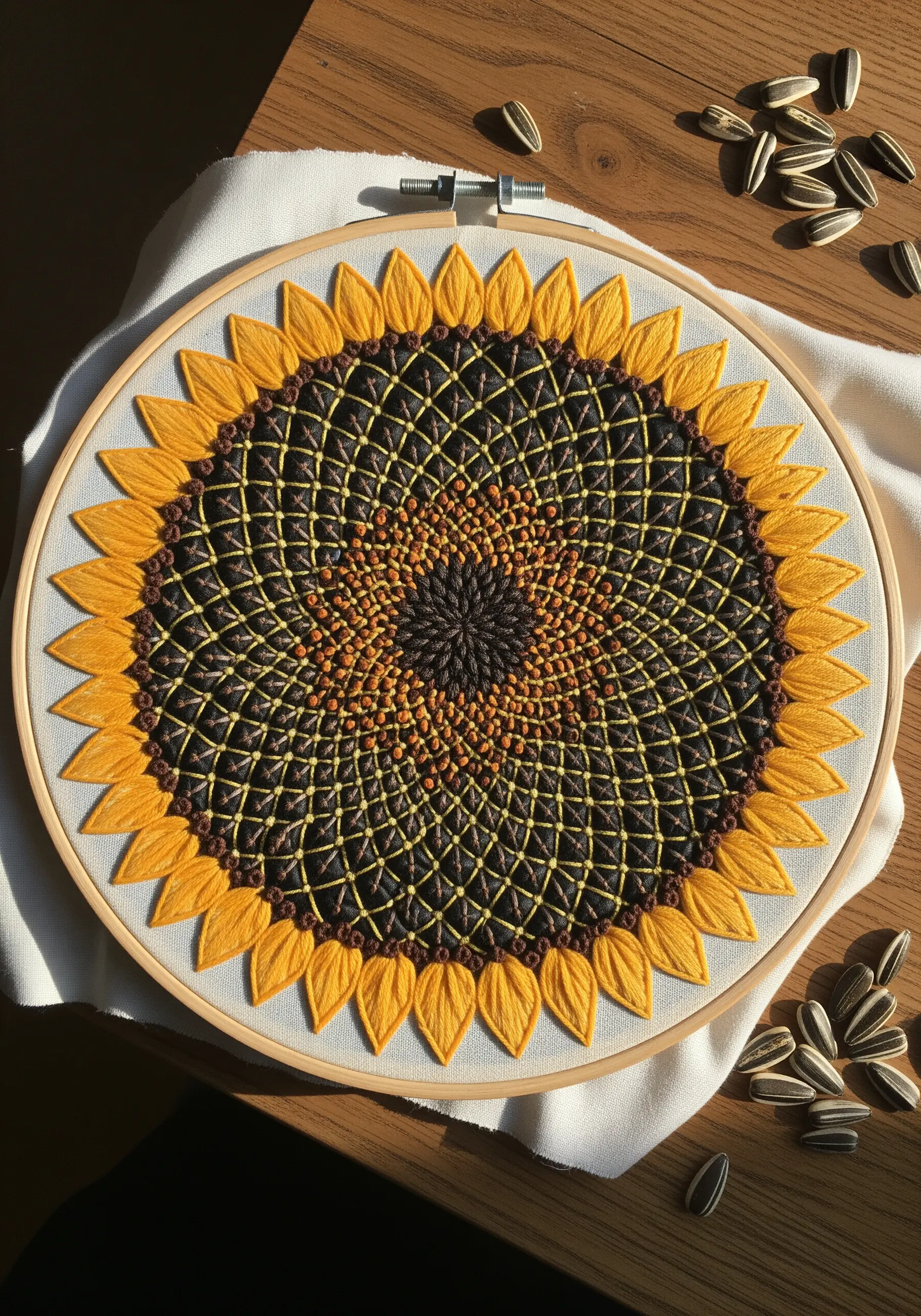 Embroidery hoop with a detailed sunflower head, showing geometric seed patterns and yellow petals.