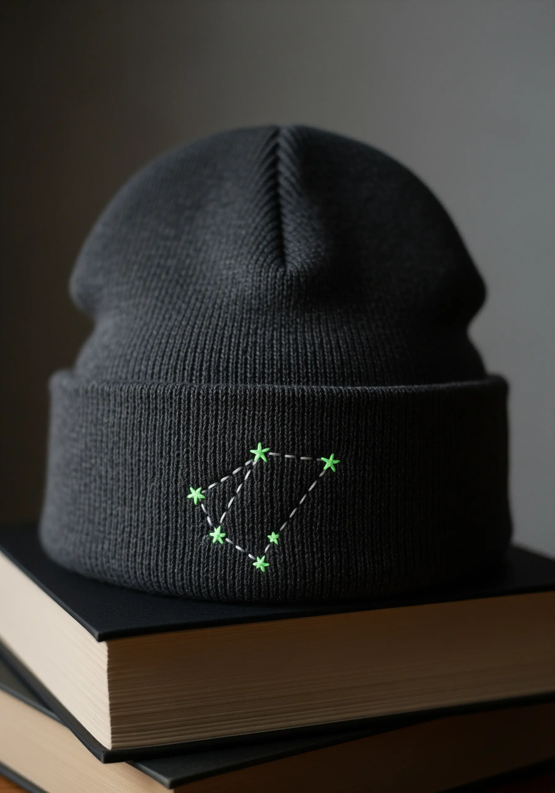 A dark grey beanie with a zodiac constellation embroidered in bright green and white thread.