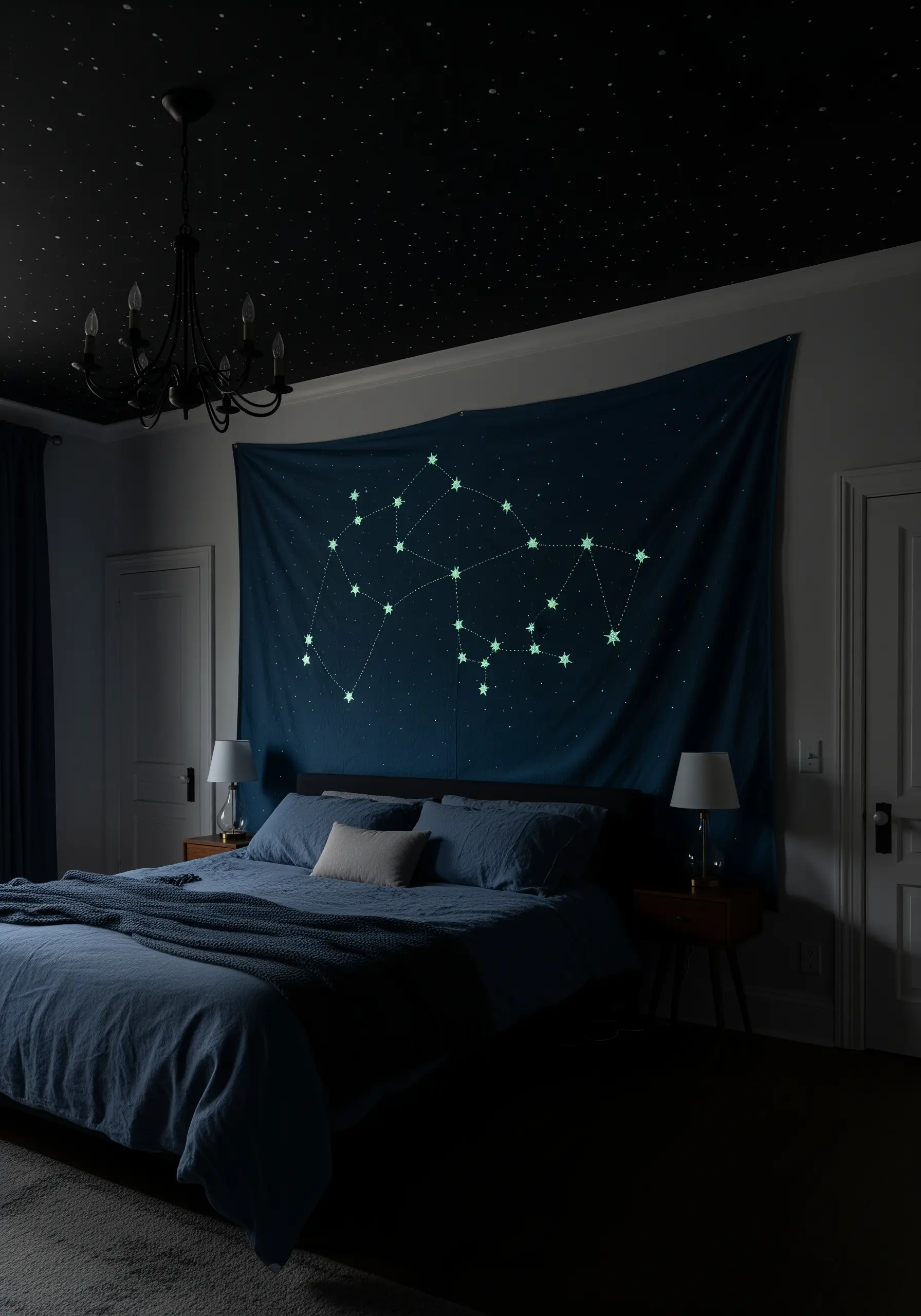 A dark blue wall tapestry with constellations that glow in the dark.