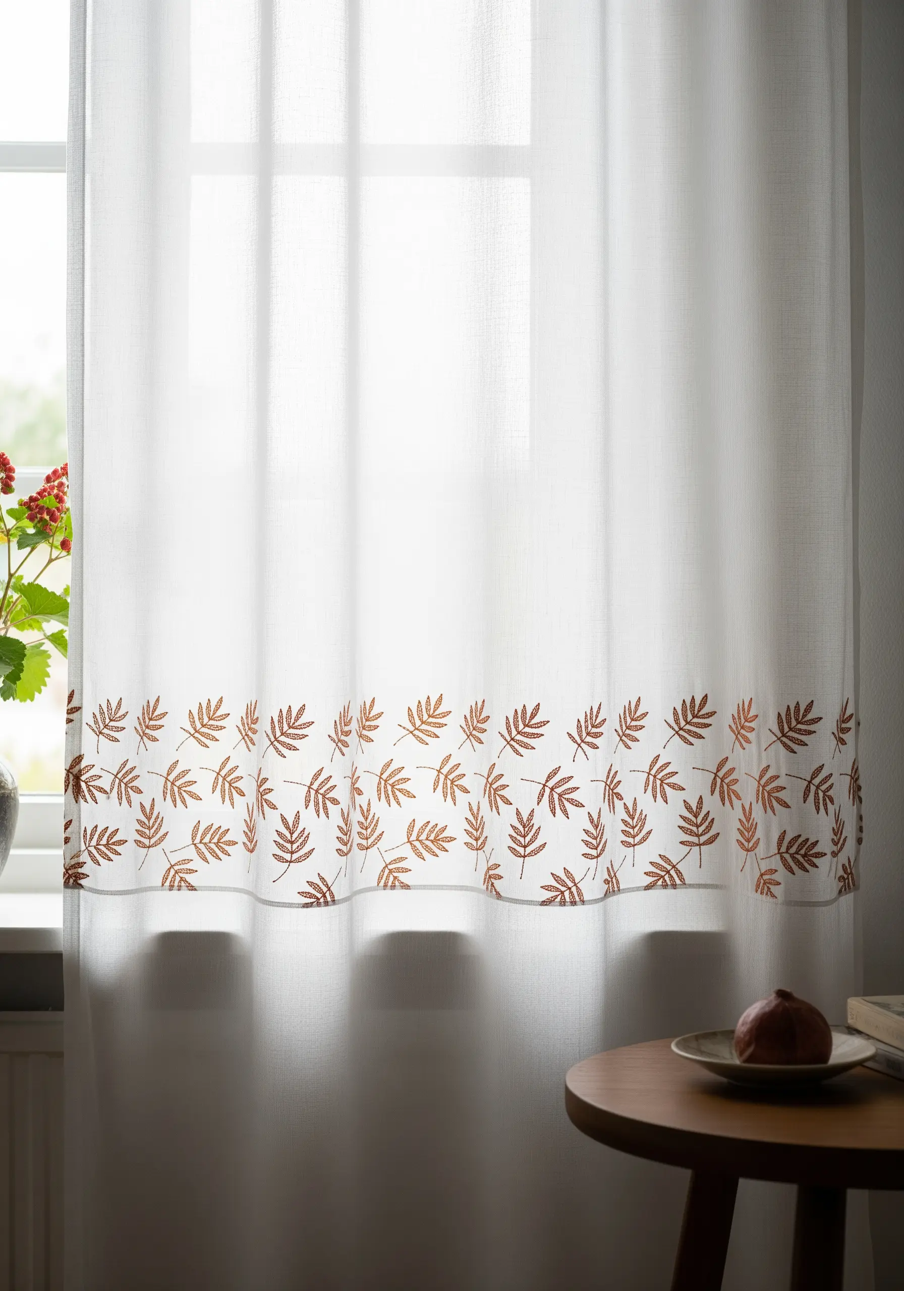 A close-up of a sheer white curtain with a dense border of embroidered copper-colored leaves.