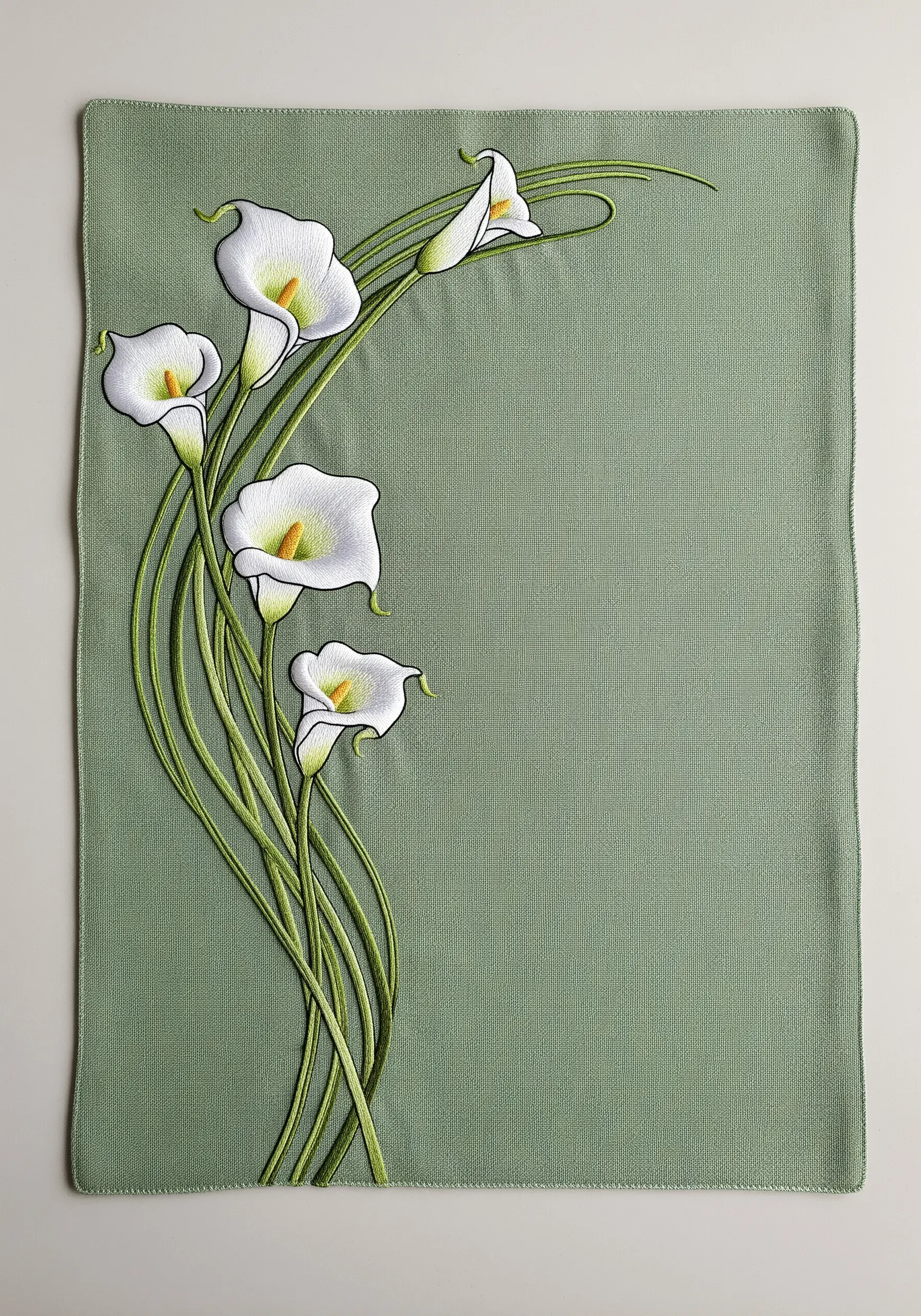 A spray of elegantly embroidered white calla lilies with long green stems on a placemat.