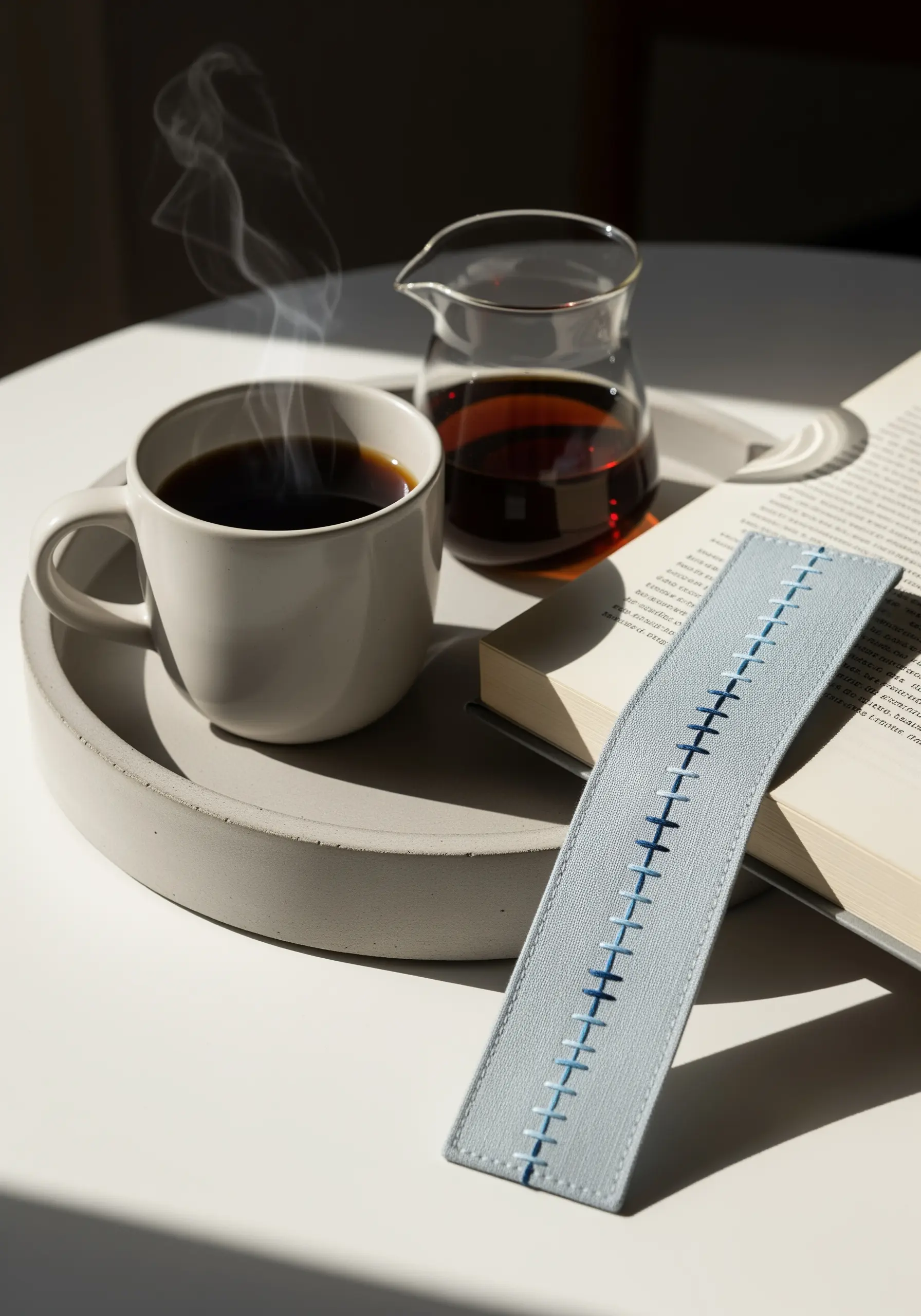 A simple running stitch in two shades of blue on a gray faux leather bookmark.