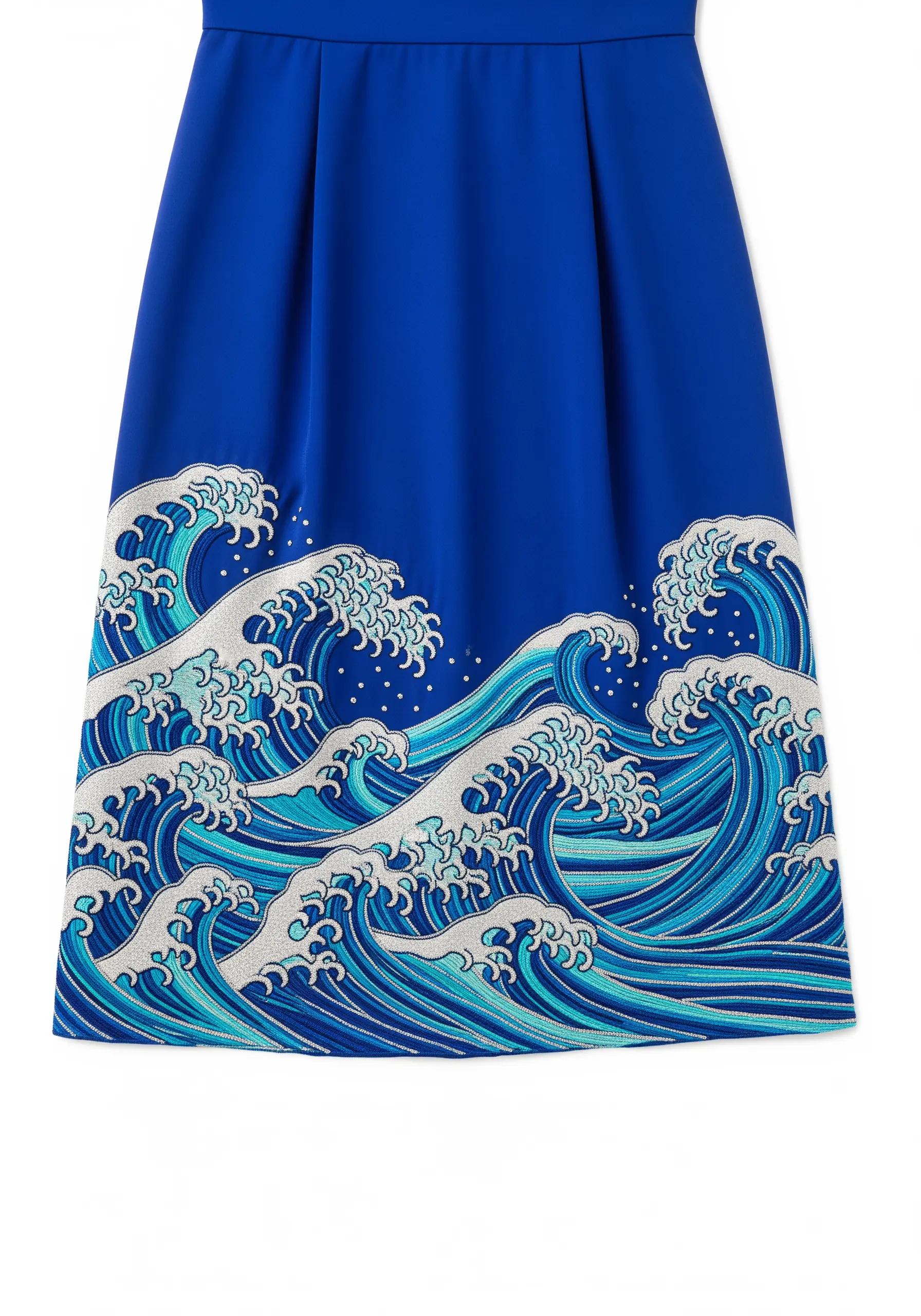 The Great Wave pattern embroidered with blue and white glitter thread on a royal blue skirt.