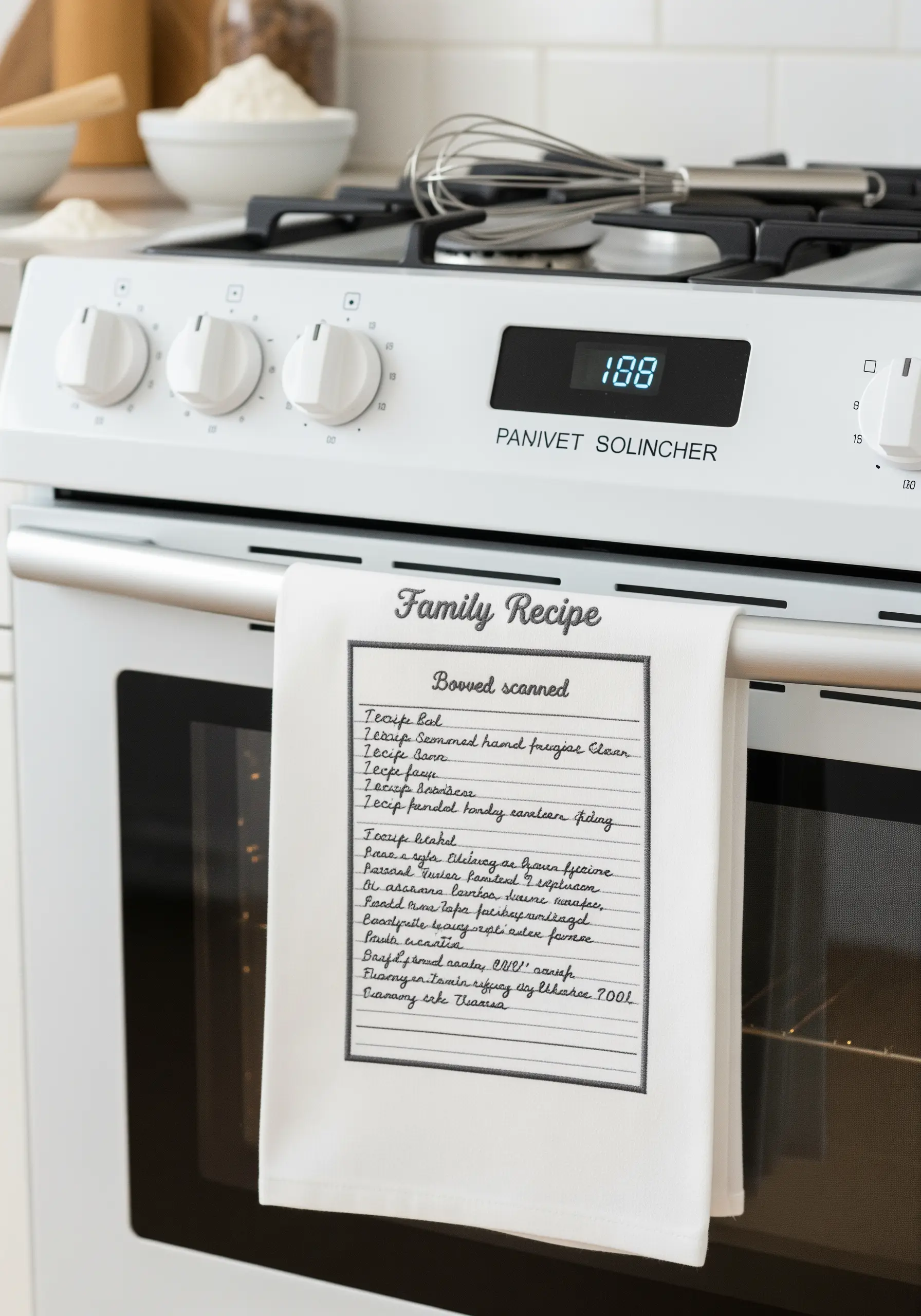 A white kitchen towel embroidered with a scanned, handwritten family recipe.