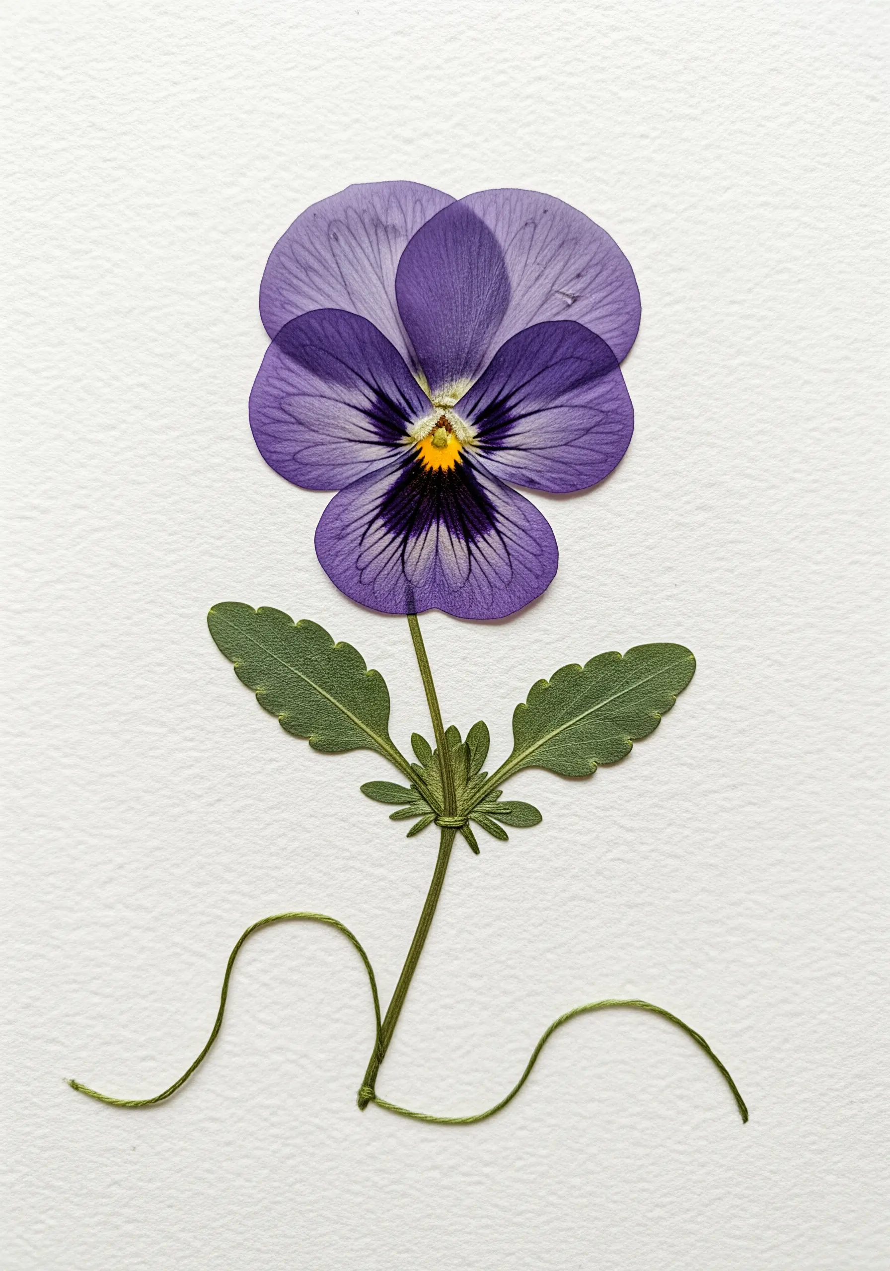A pressed purple pansy with a stem and leaves created from green embroidery floss.