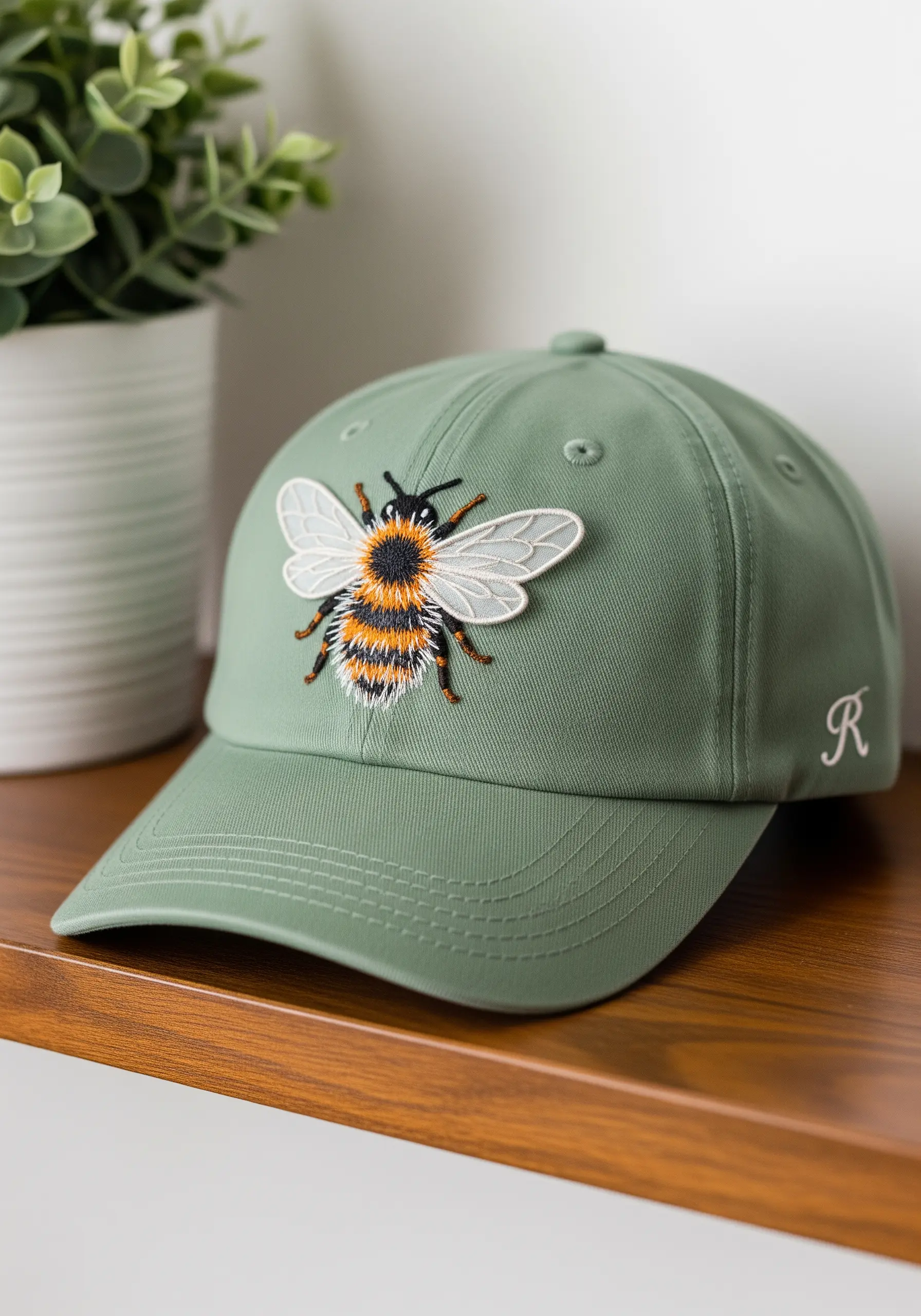A detailed, fuzzy embroidered bee with transparent wings on a sage green baseball cap.
