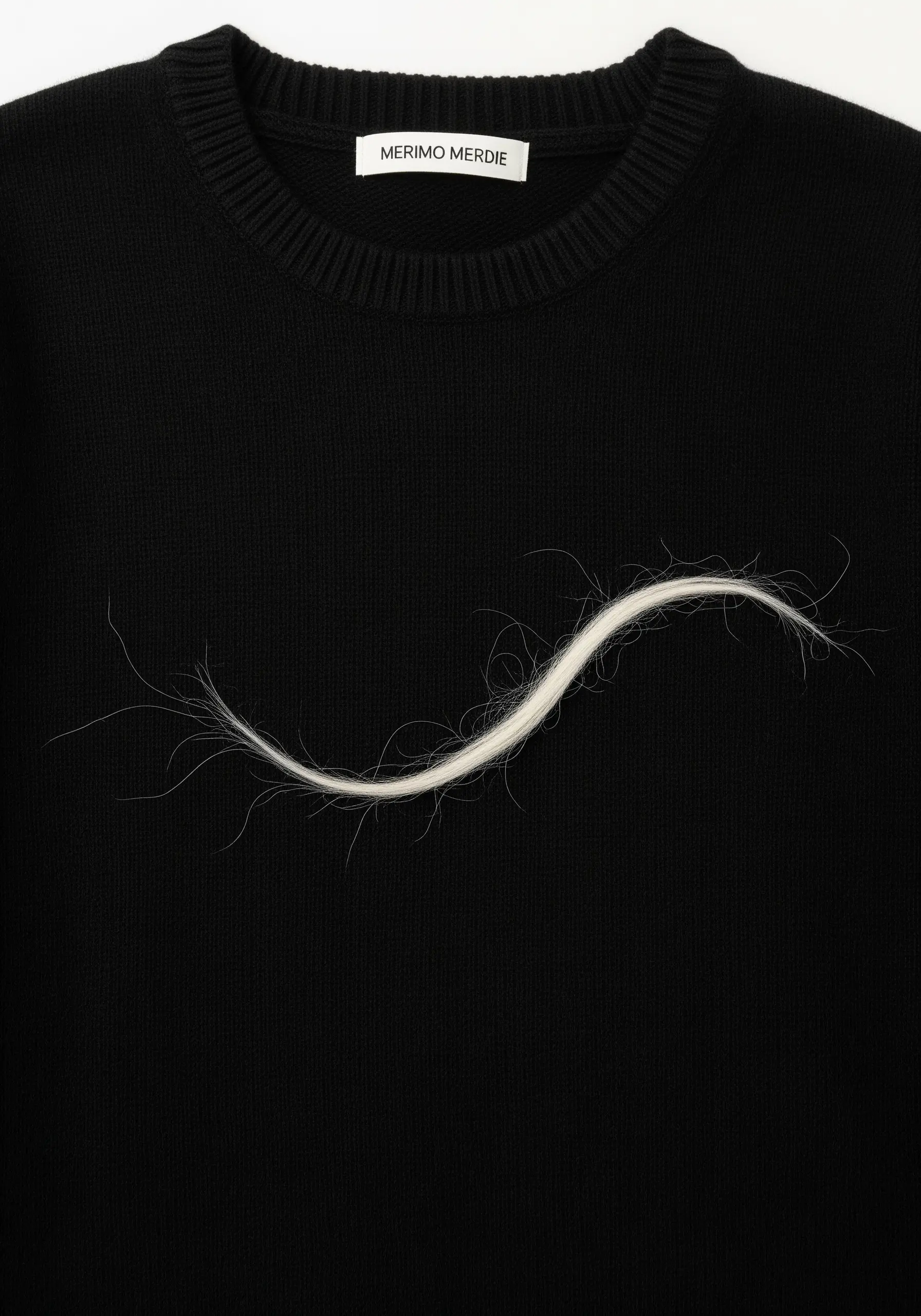 A hyperrealistic single white hair embroidered onto a black knit sweater.