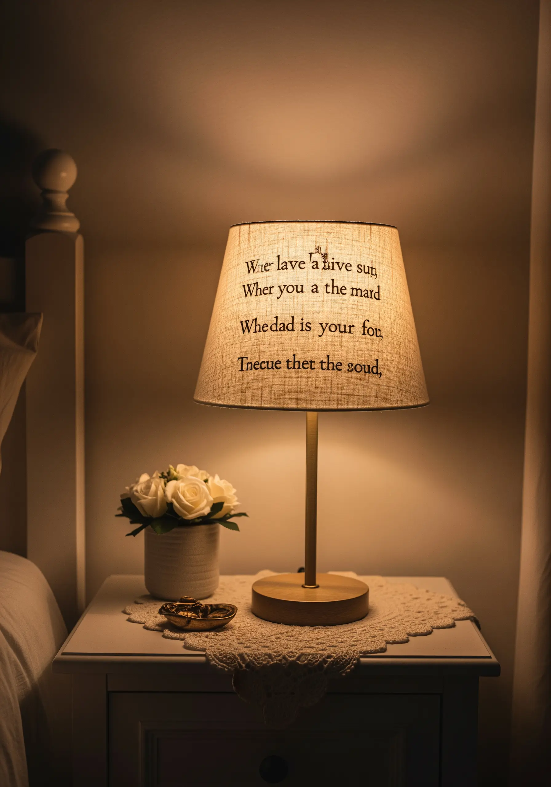 A fabric lampshade with a poem embroidered onto it, lit from within.