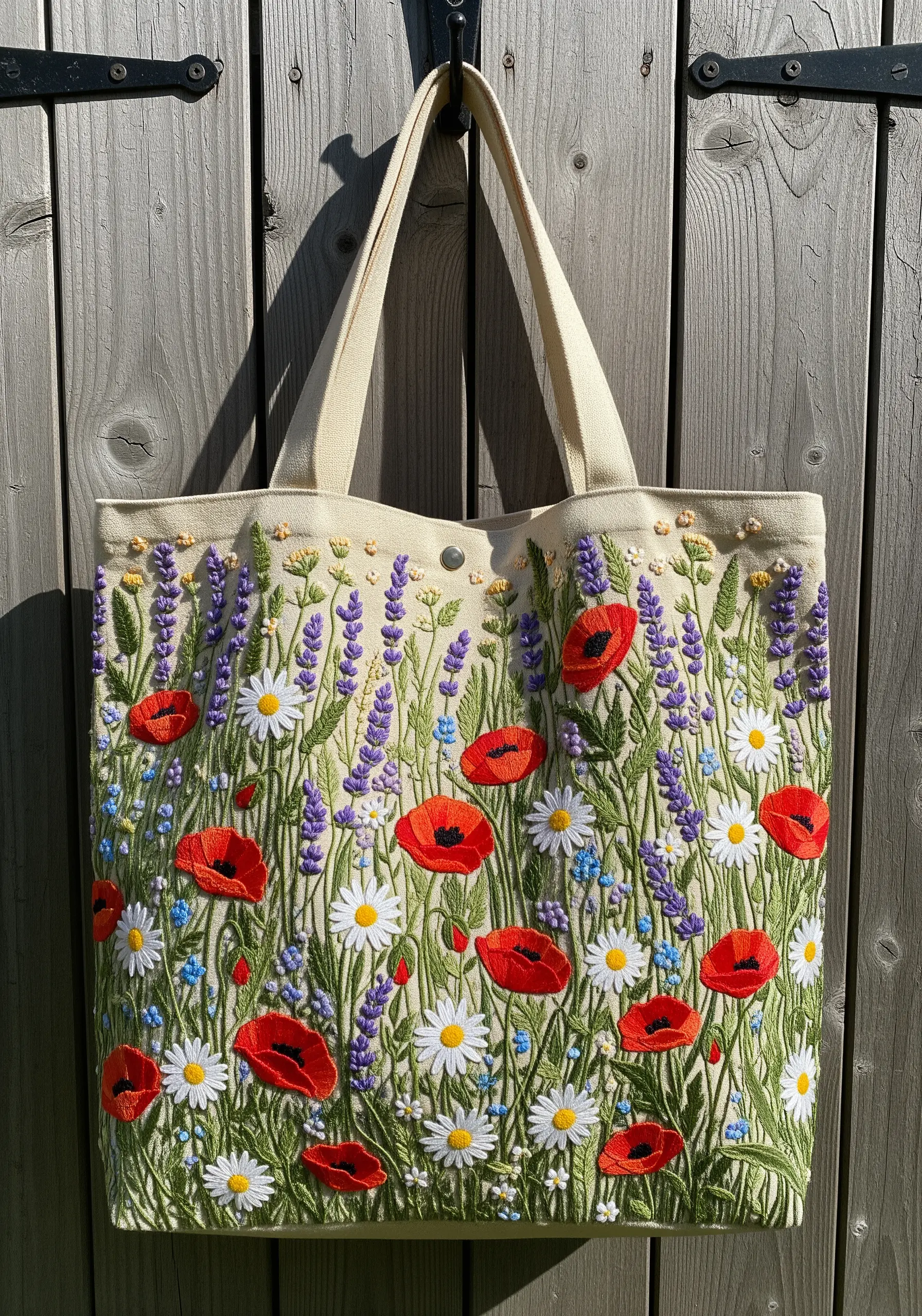 Dense wildflower embroidery with poppies, lavender, and daisies on a canvas tote bag.