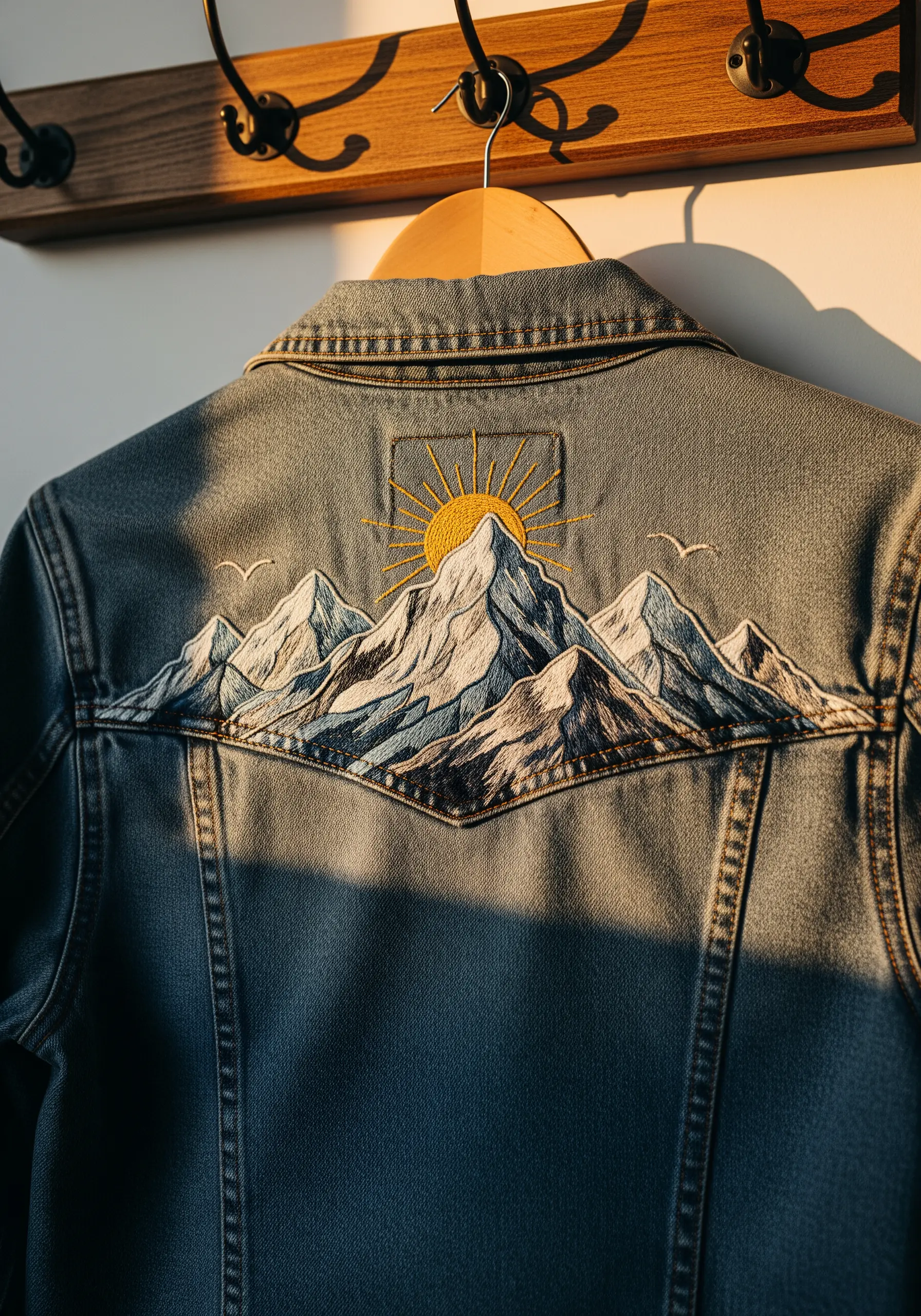 Detailed embroidery of a mountain range and sun on the back yoke of a denim jacket.