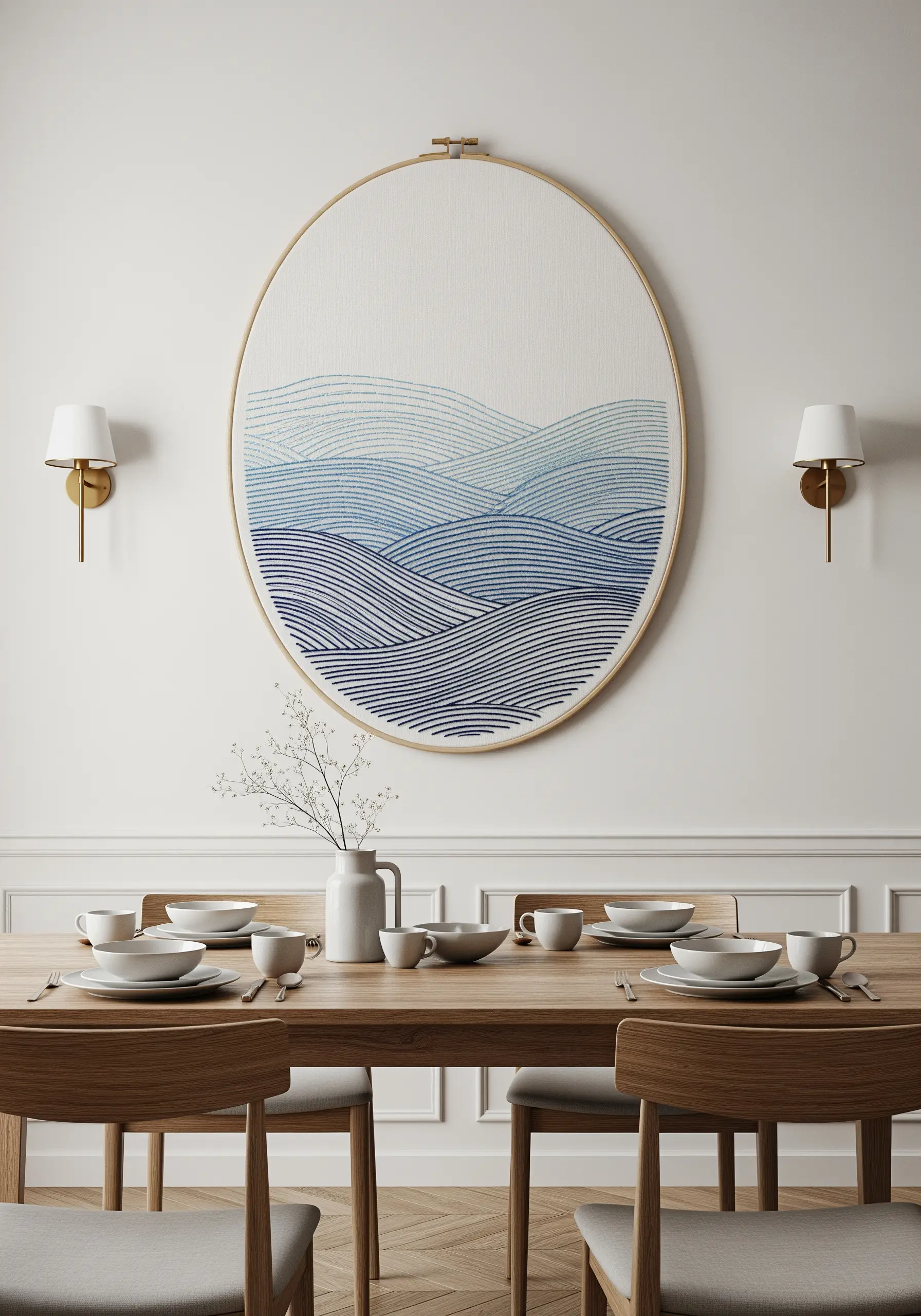 Blue gradient wave landscape embroidery in an oval hoop