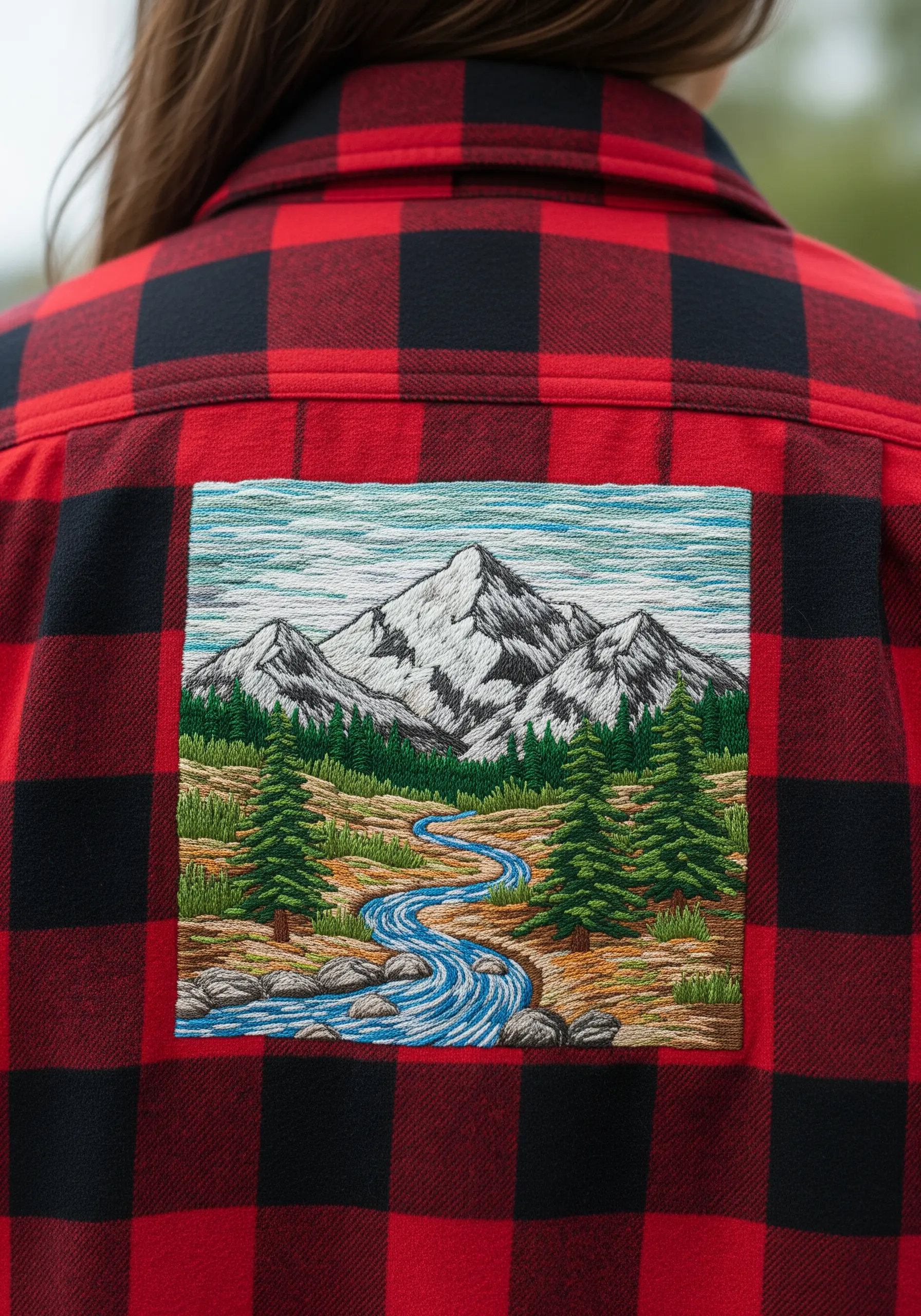 Red plaid shirt back with an appliqued patch featuring an embroidered mountain landscape