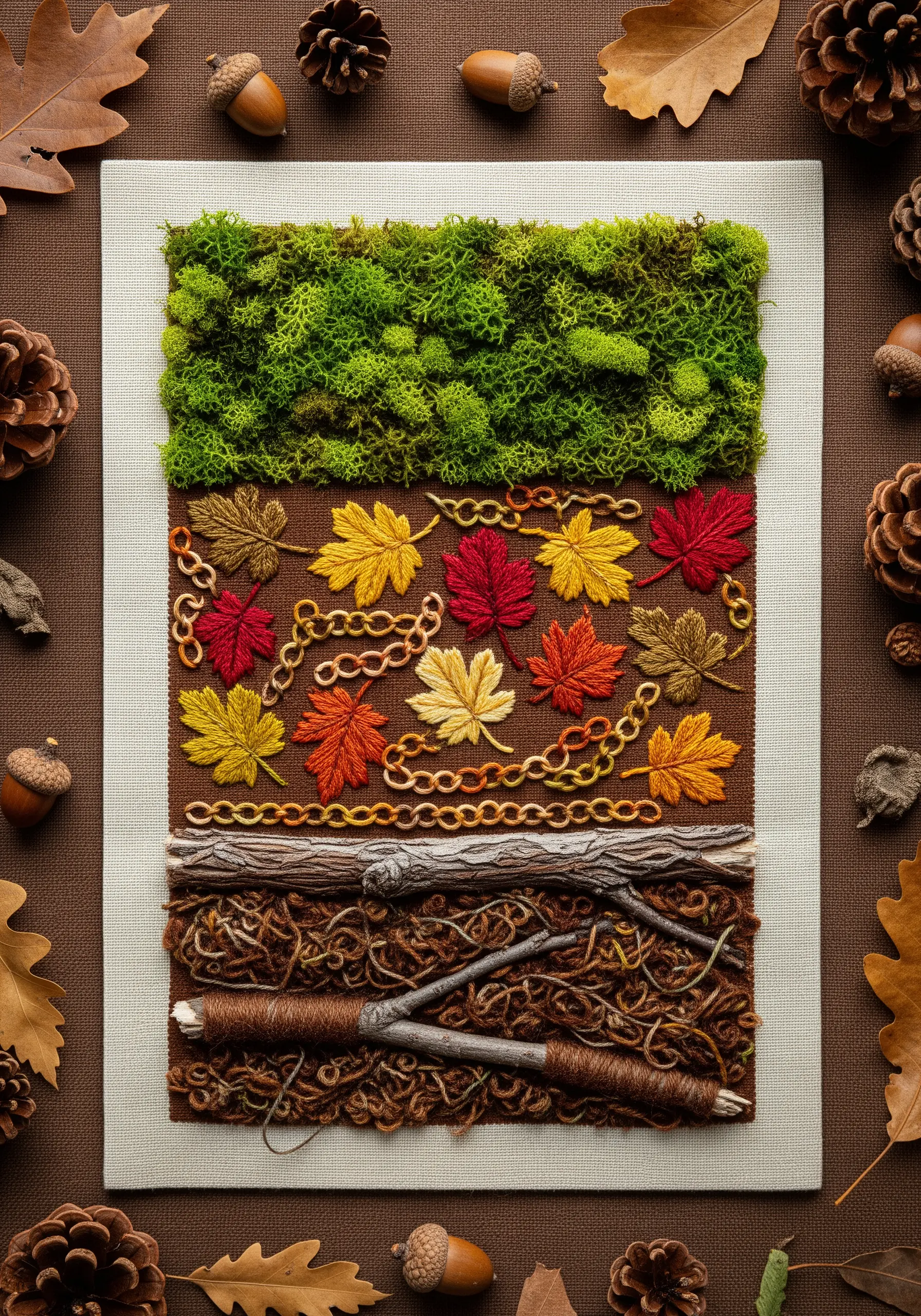 A textural sampler showing embroidered leaves, preserved moss, and couched twigs.