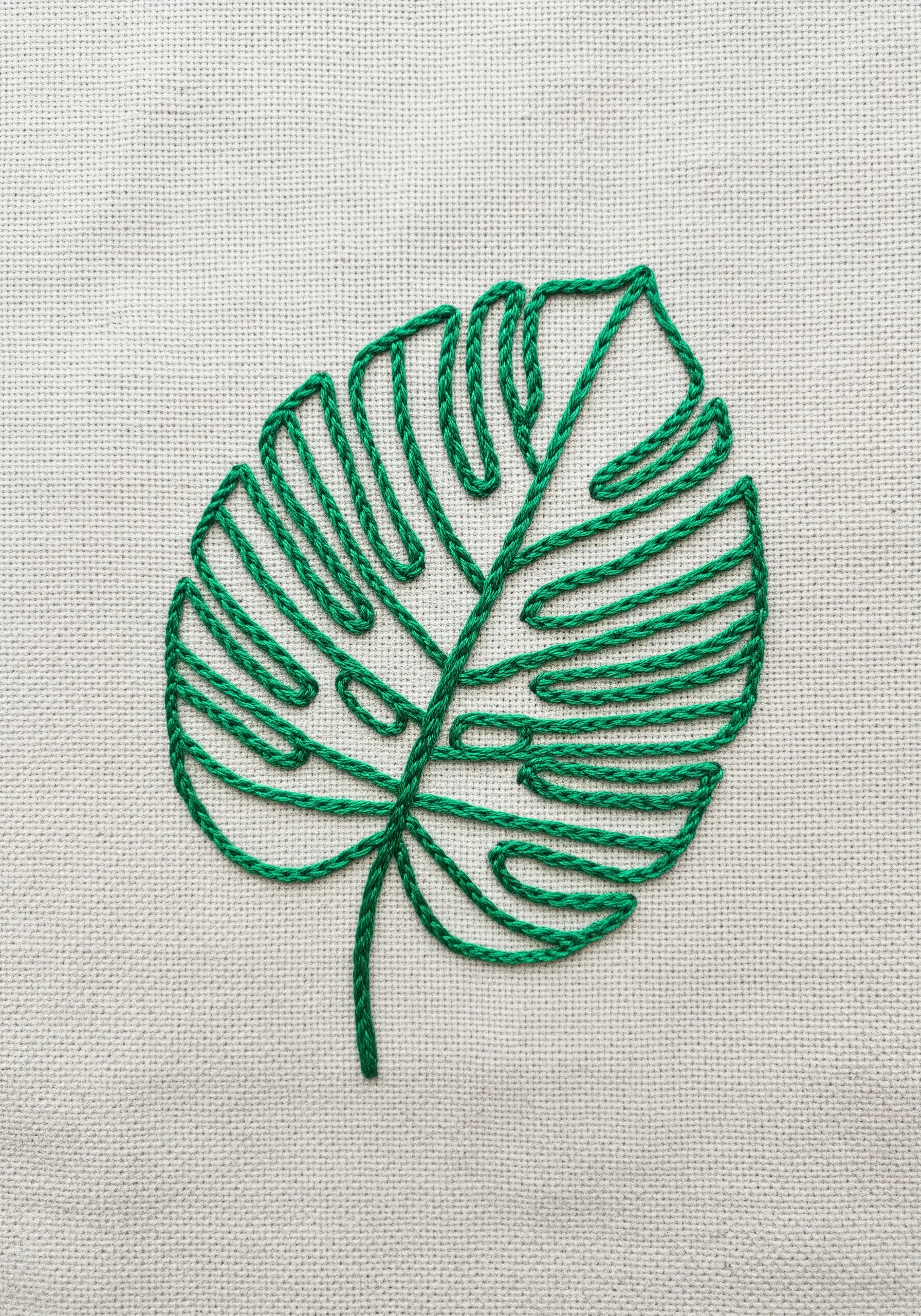 Monstera leaf outline embroidery using thick green thread chain stitch