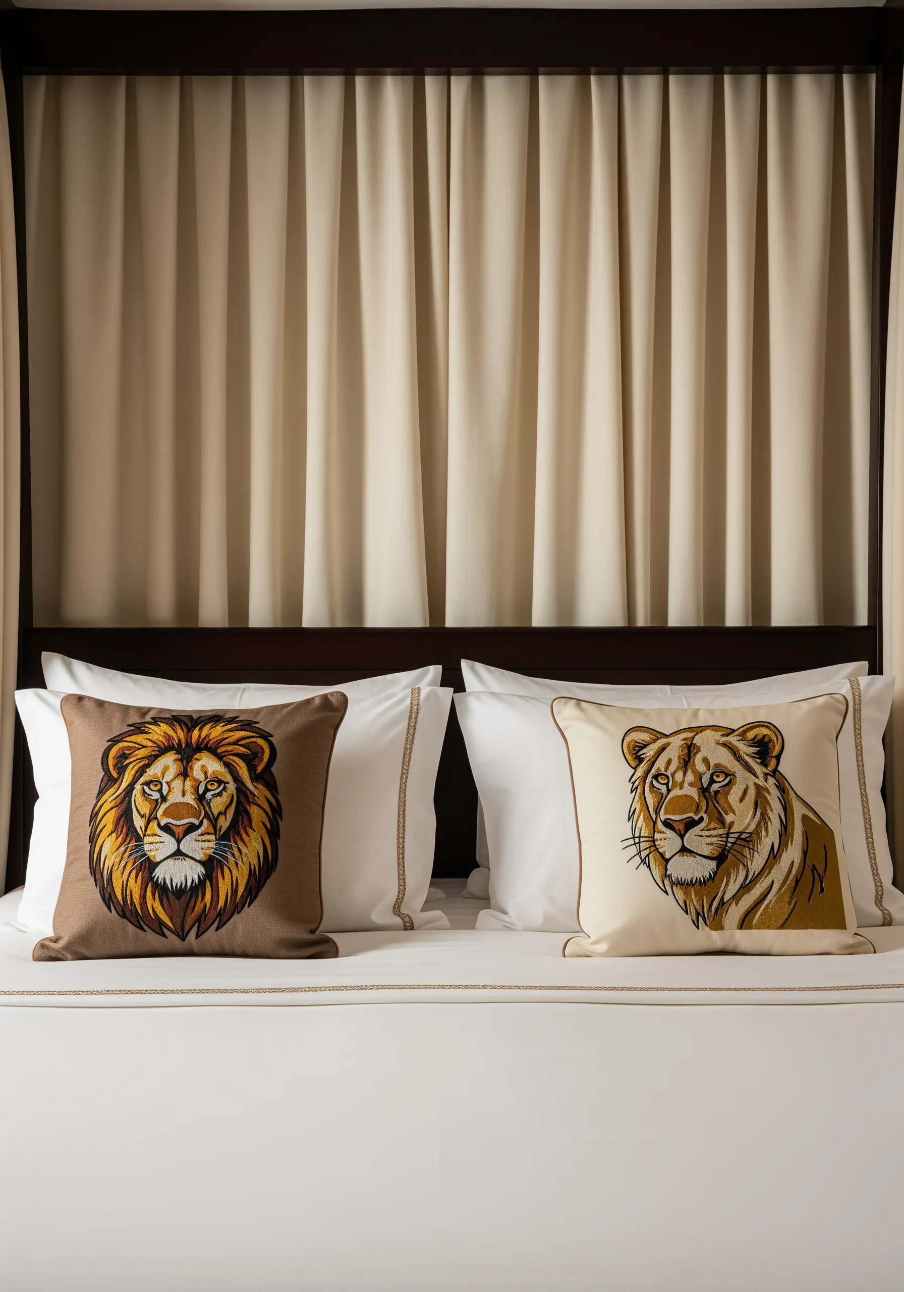 A pair of pillows with detailed, realistic embroidered portraits of a lion and lioness.