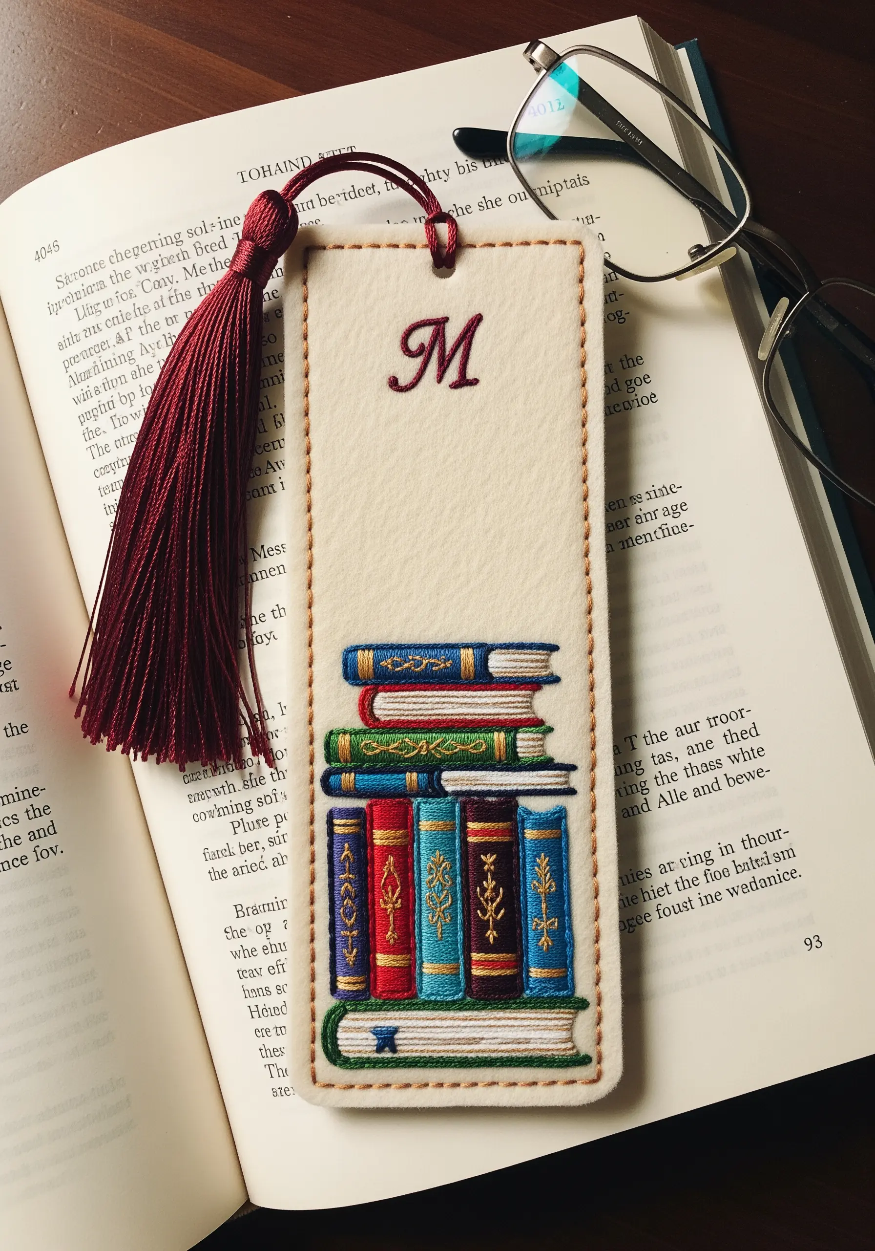 Embroidered felt bookmark designed to look like a stack of classic, colorful books.