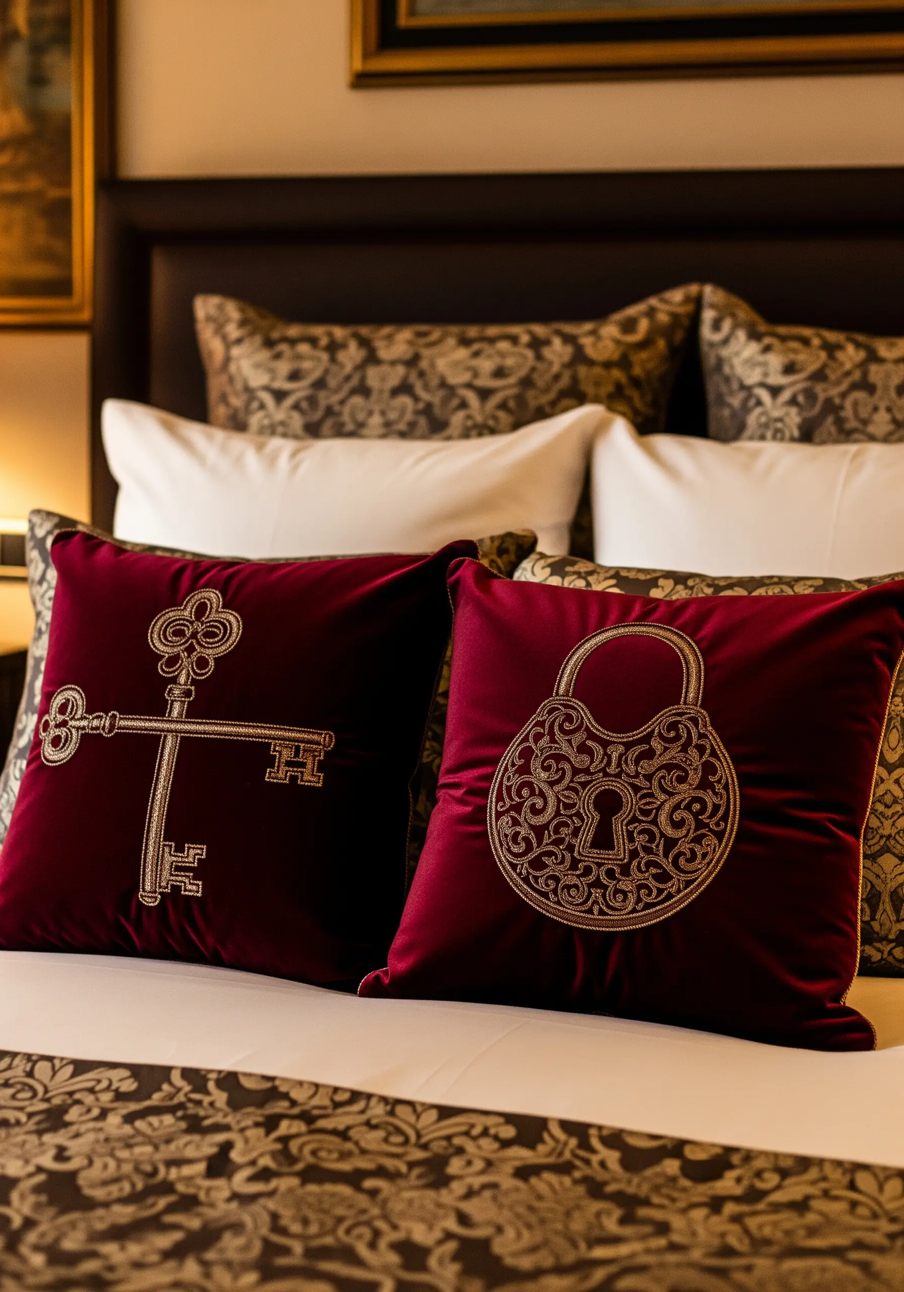 A gold embroidered key and lock on two separate crimson velvet cushions.