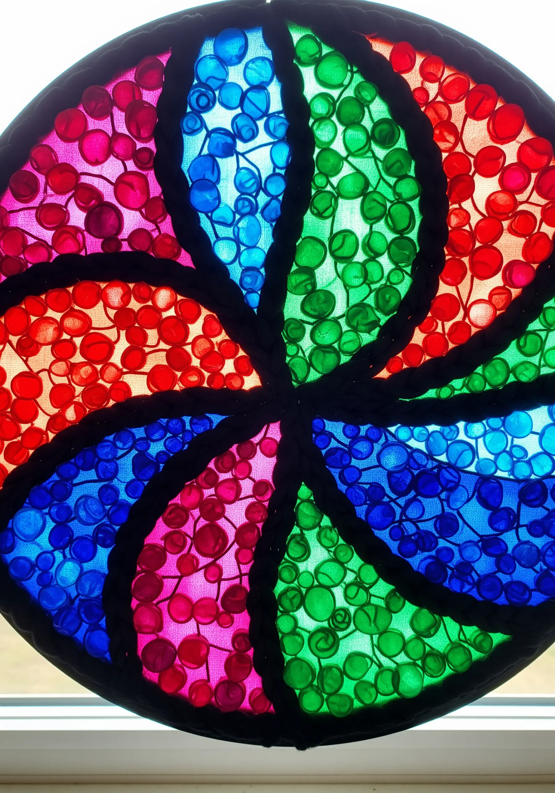 A colorful circular embroidery mimicking a stained glass window, using beads and thick black outlines.