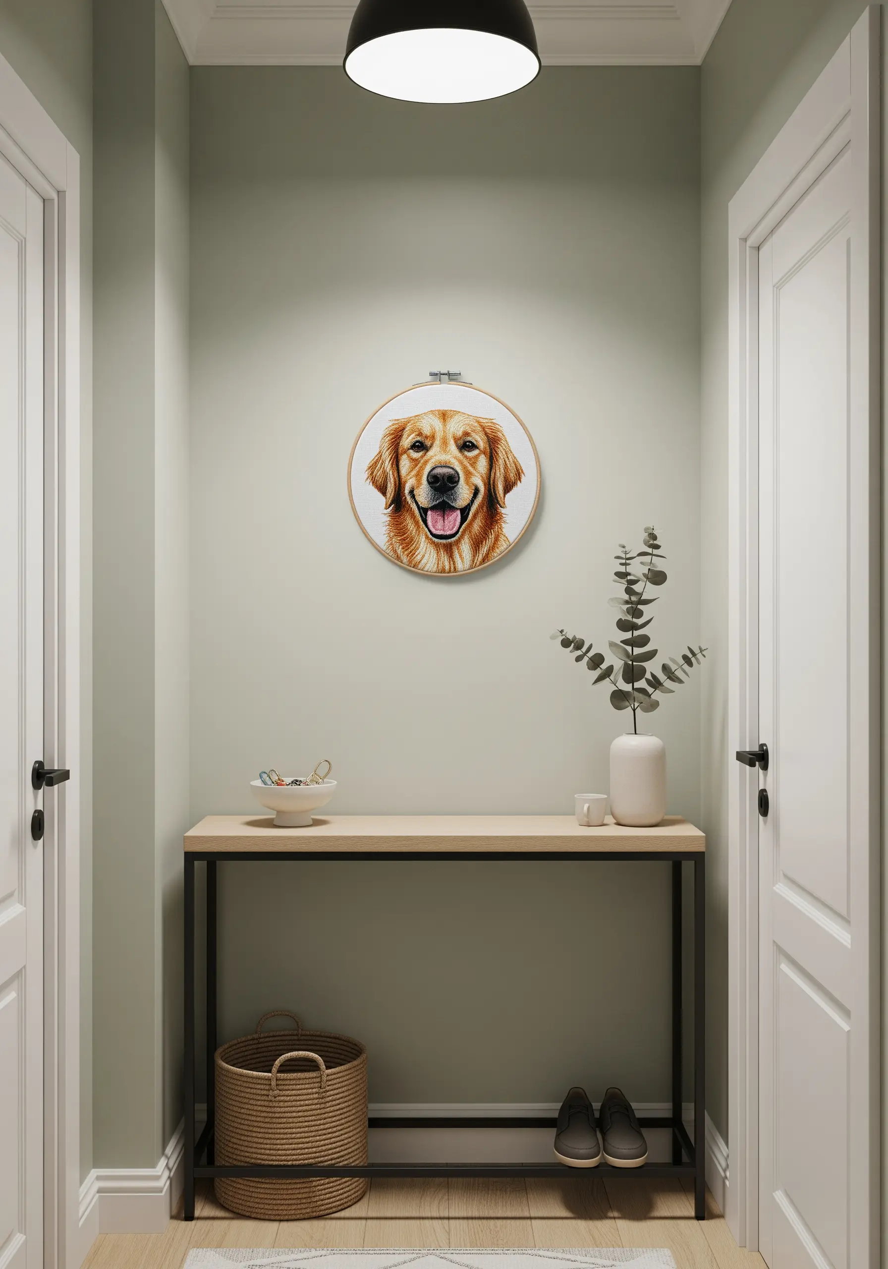 Embroidered Golden Retriever portrait with realistic fur texture in a wooden hoop.