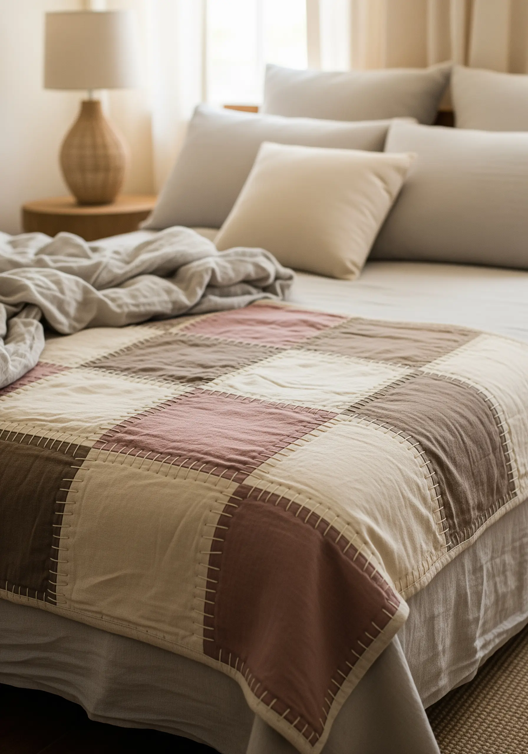 A hand-stitched patchwork quilt with large visible stitches in muted earth tones