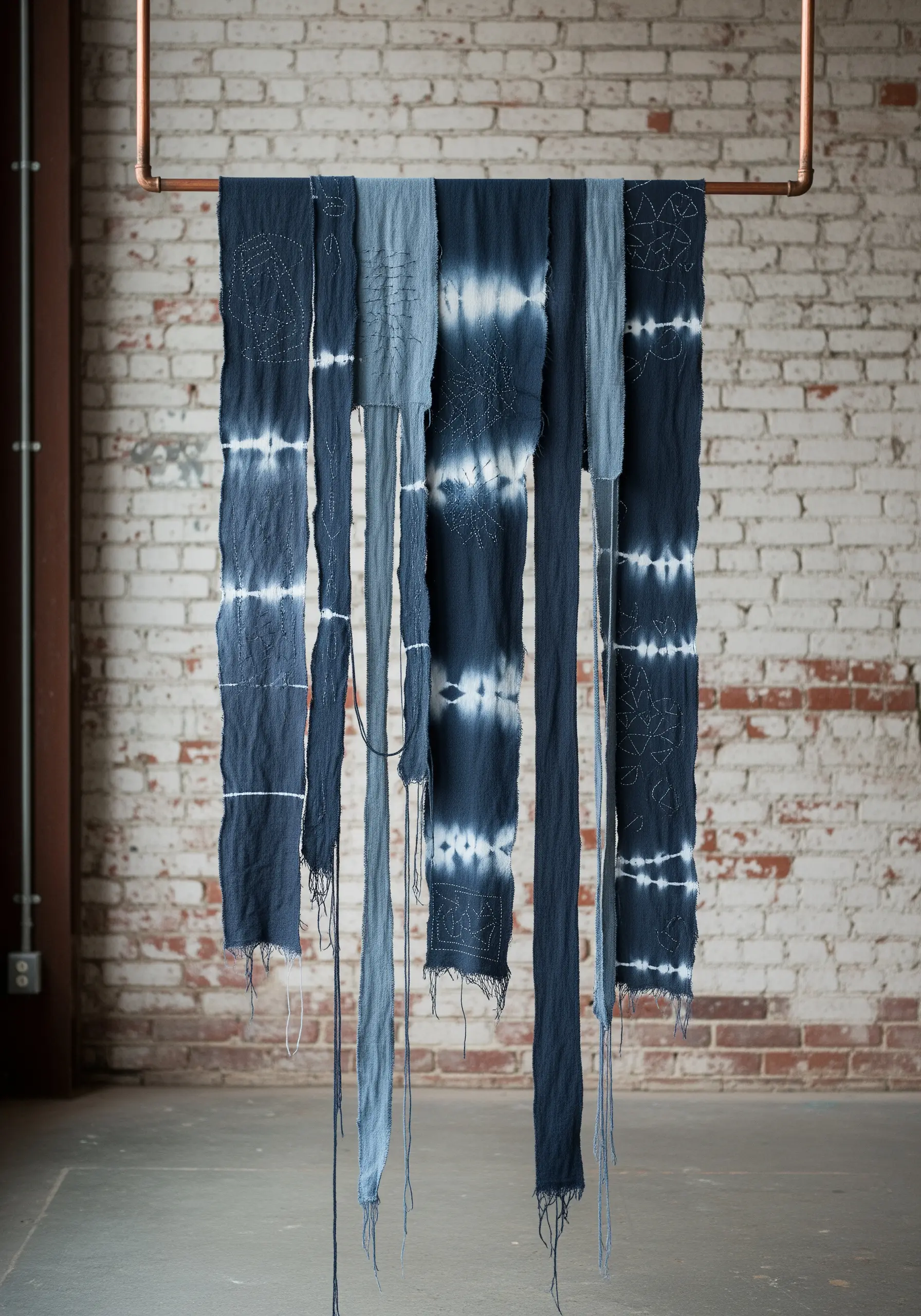 Strips of indigo-dyed fabric with white sashiko stitching hanging from a copper pipe.