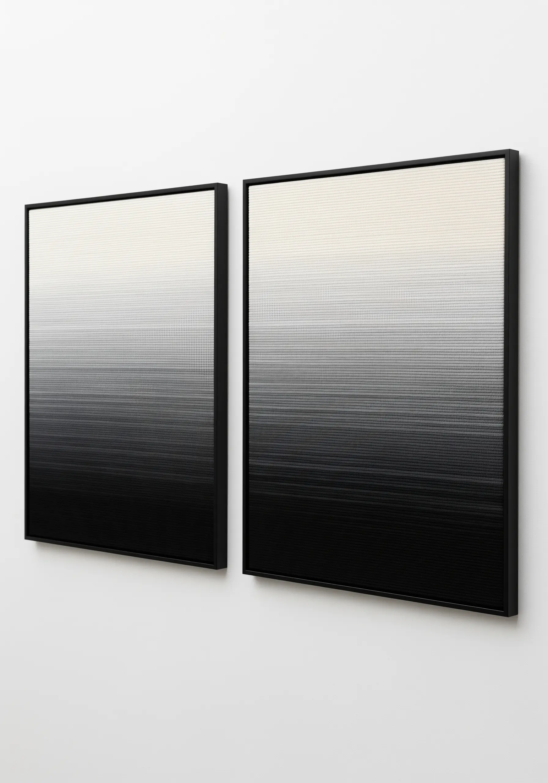 A pair of framed artworks showing a fine horizontal thread gradient from white to black.