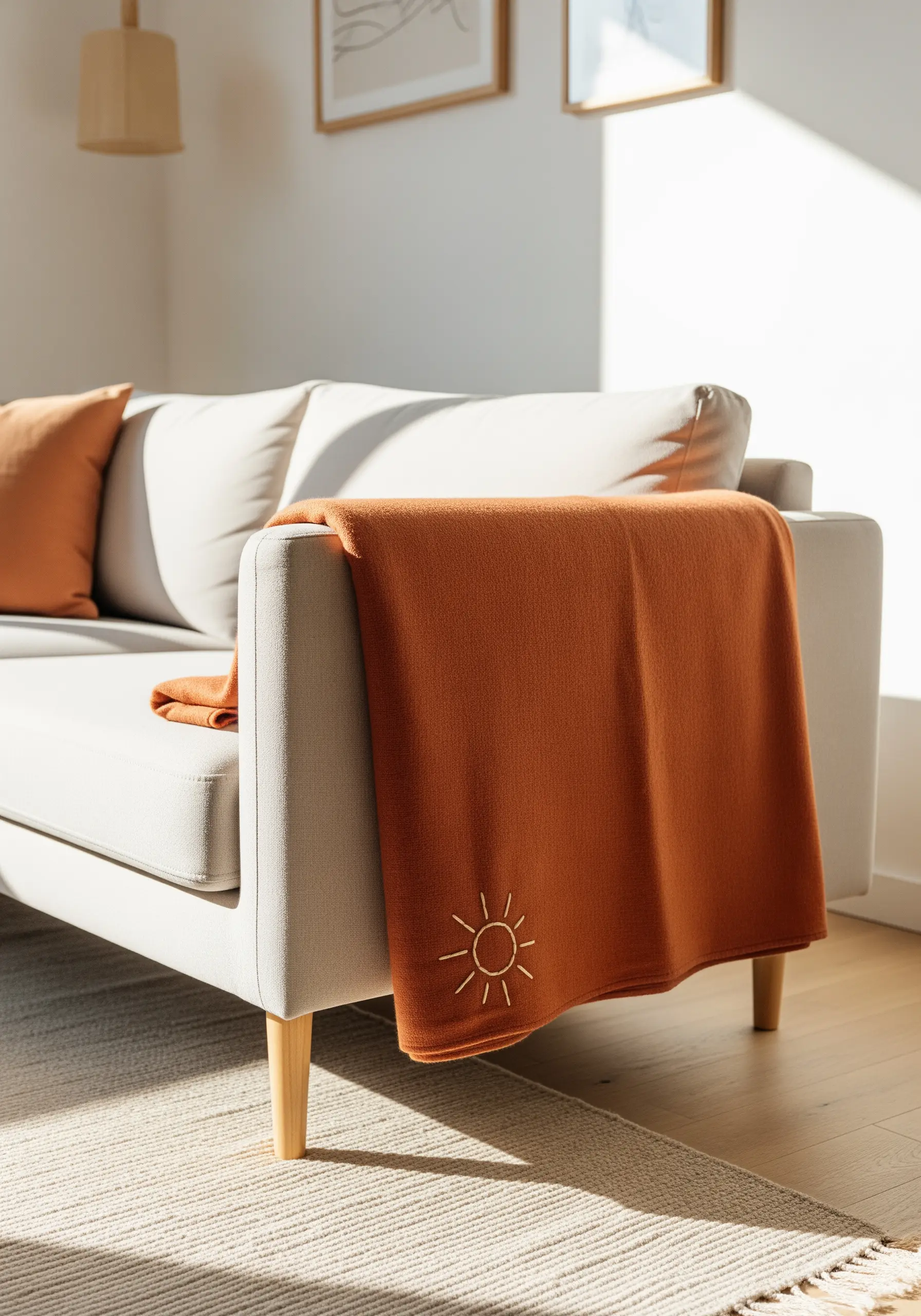 A small, simple sun motif embroidered in a light color on the corner of an orange throw blanket.