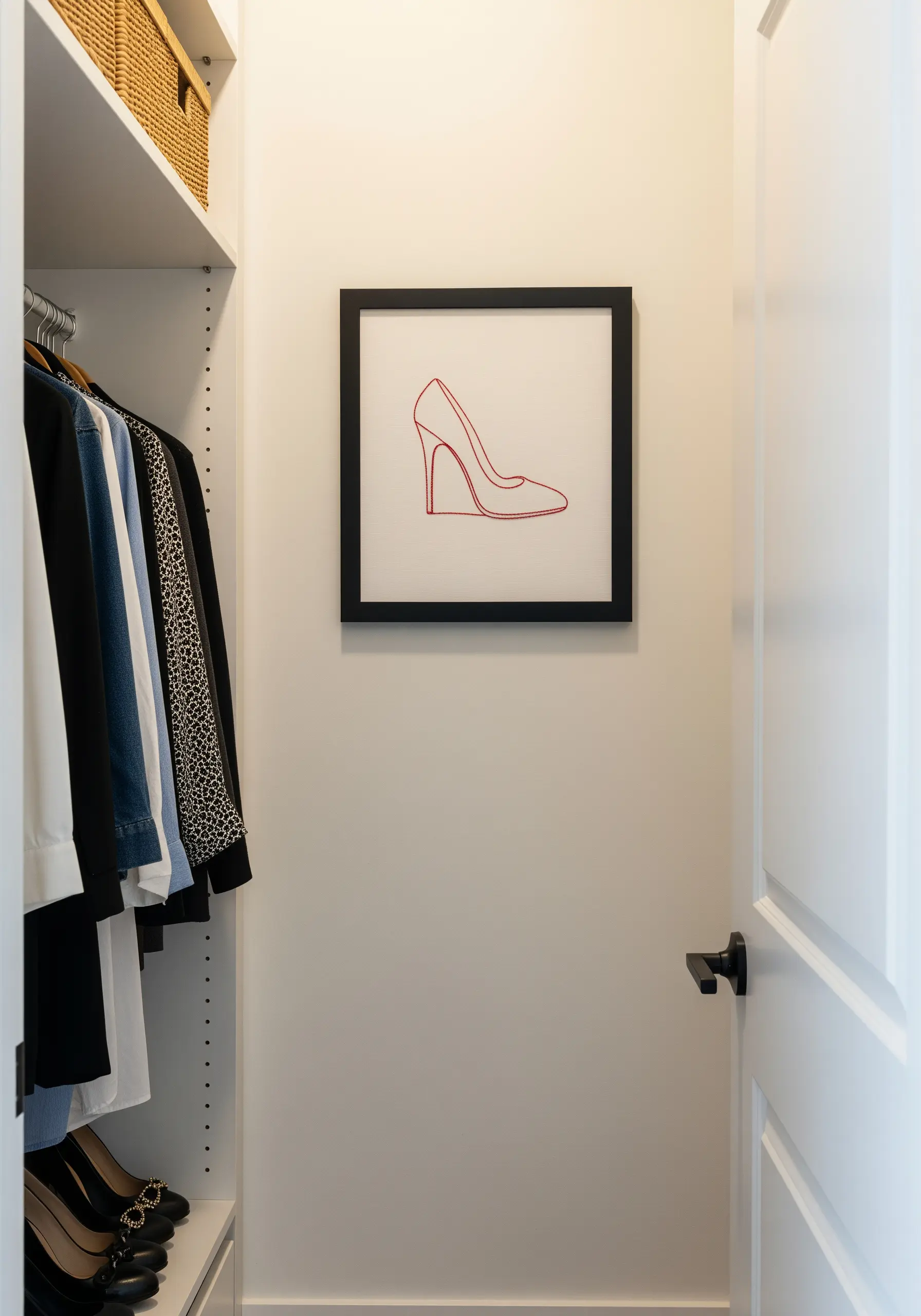 A minimalist outline of a red high-heeled shoe embroidered on white fabric.