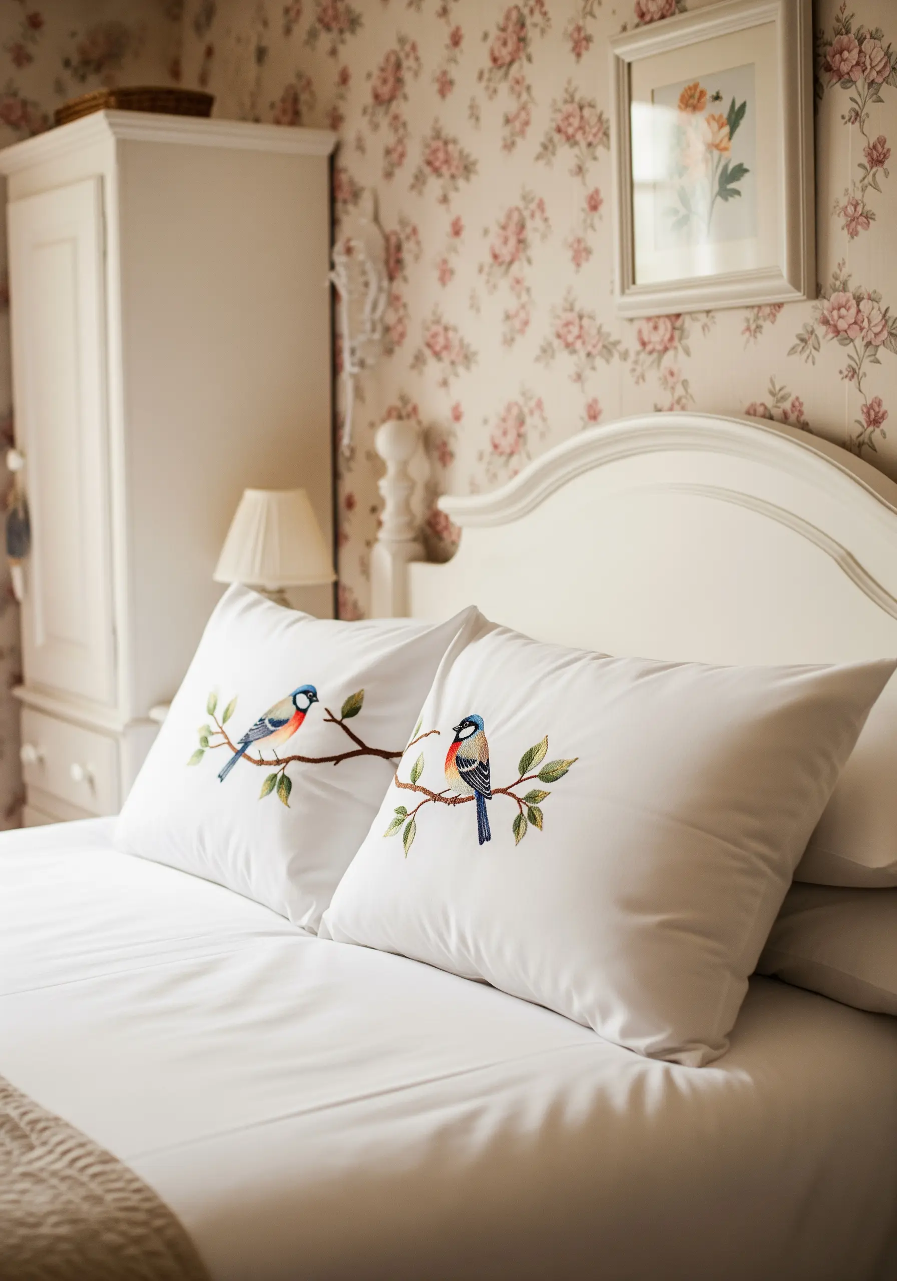 A pair of embroidered pillows featuring birds on branches that face each other.