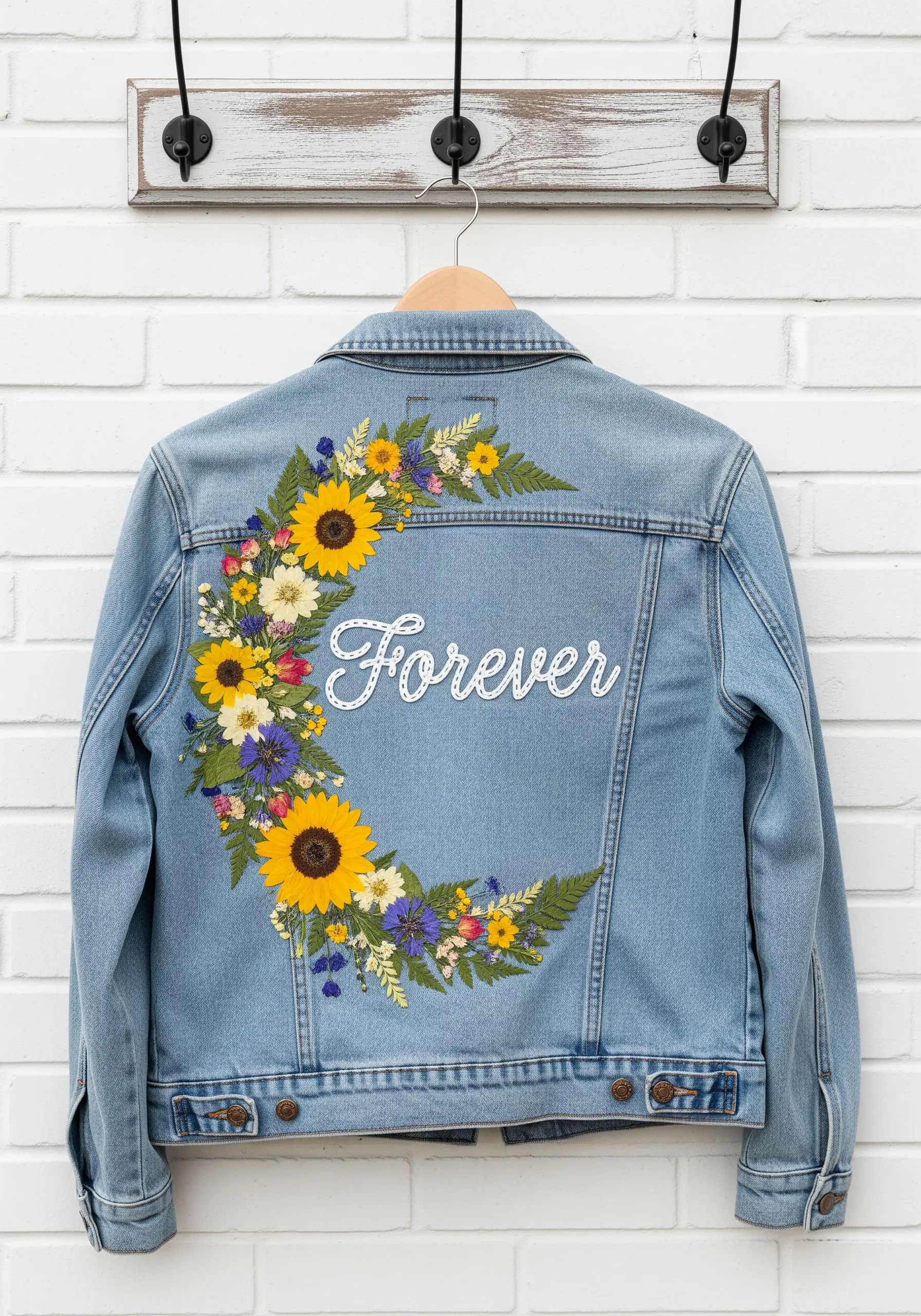 A denim jacket with a crescent of embroidered and pressed flowers around the word 'Forever'.