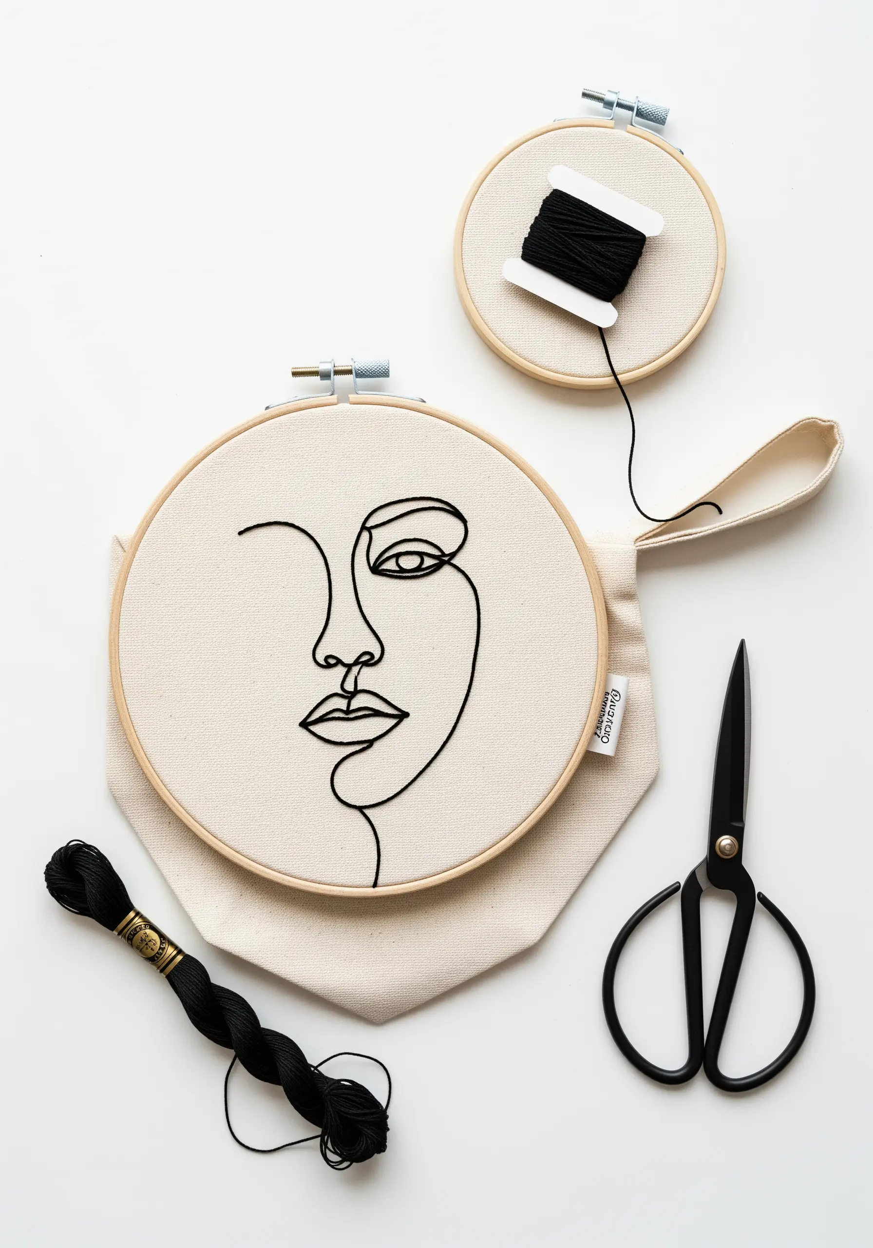 A single-line abstract face embroidered in black thread on a canvas pouch.