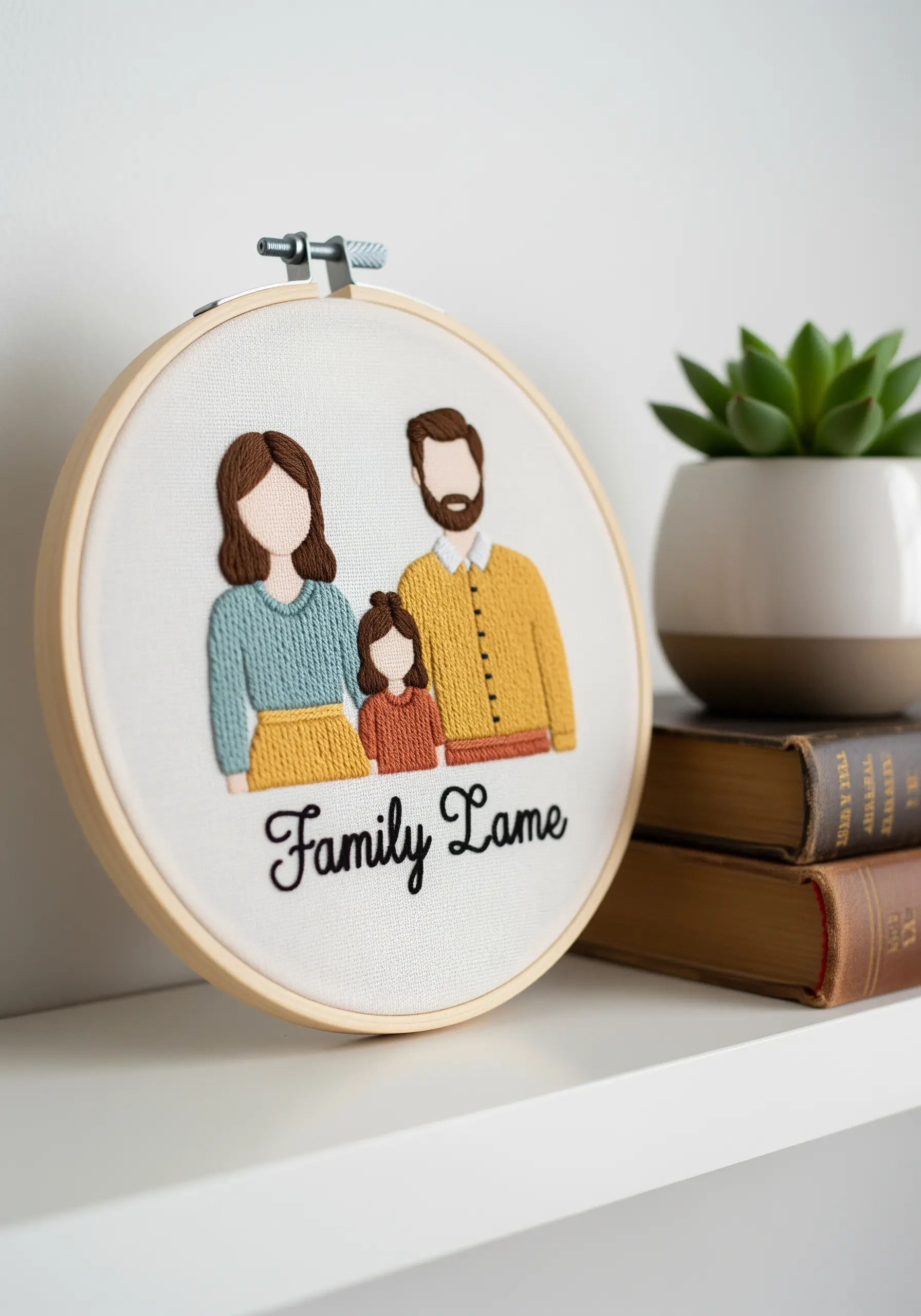 Embroidered faceless portrait of a family of three in a wooden hoop on a bookshelf.