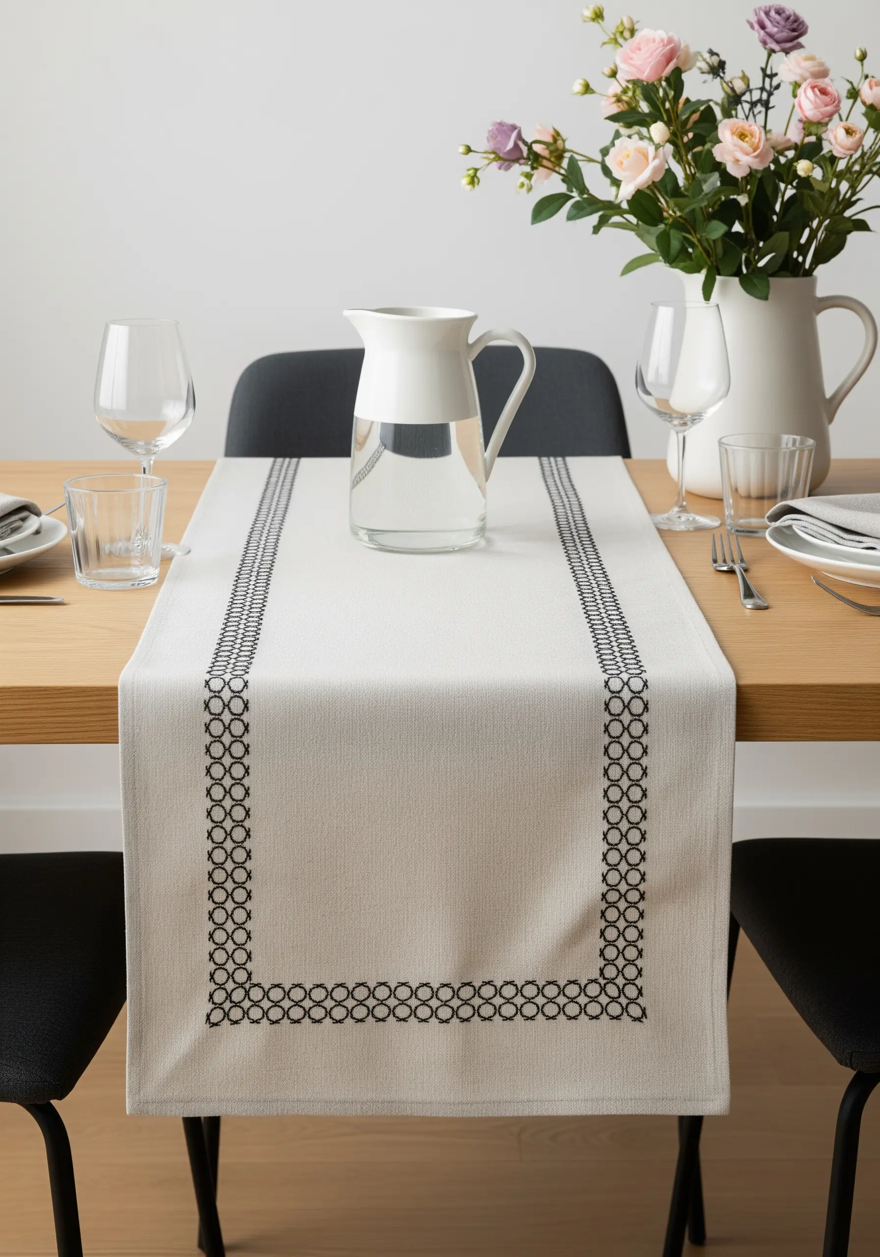 A geometric border of backstitched circles creating a modern pattern on a table runner.