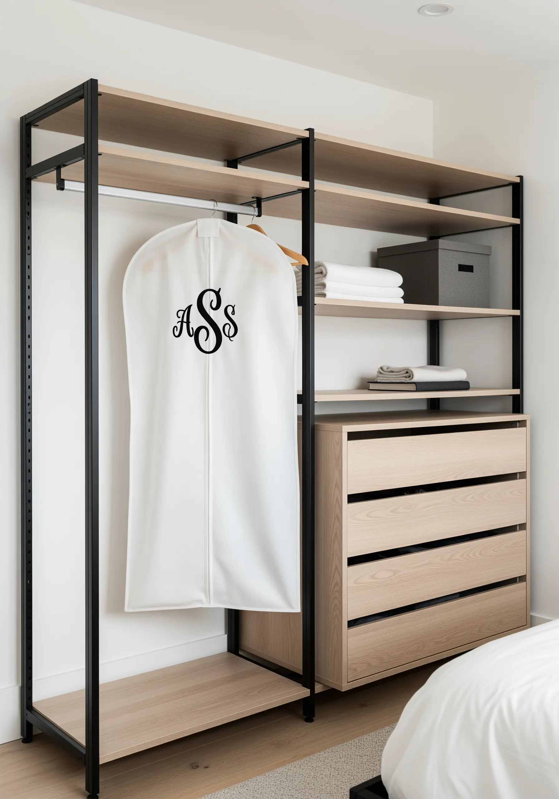 A large, ornate black satin-stitched monogram on a white garment bag.