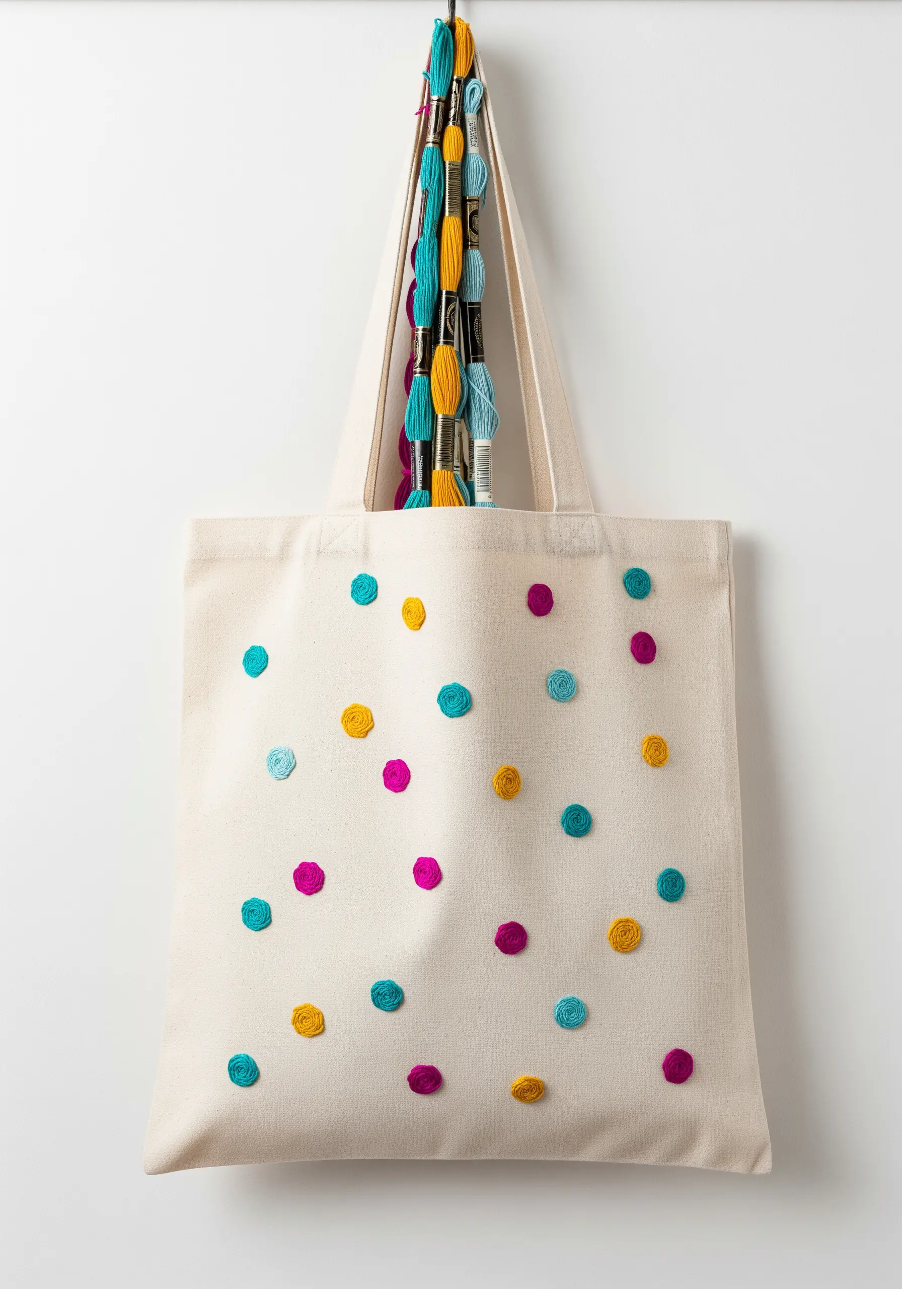 A canvas tote bag embellished with colorful, textural woven wheel stitch polka dots.
