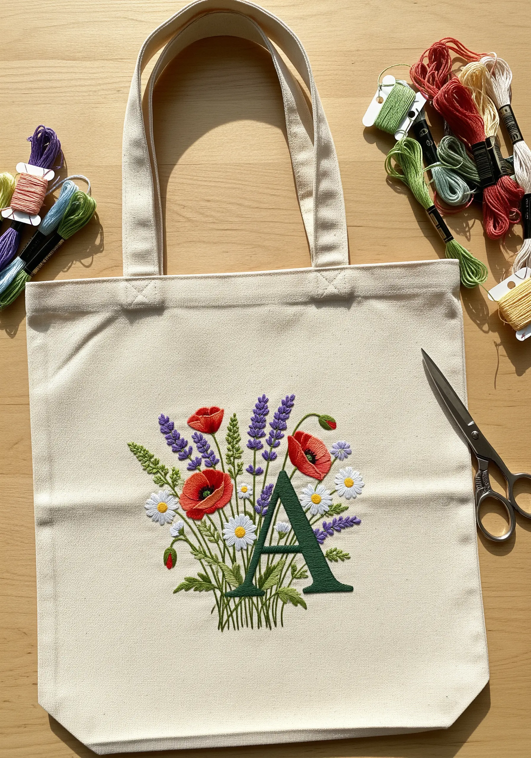 Tote bag with a large green letter 'A' embroidered, surrounded by poppies and lavender.