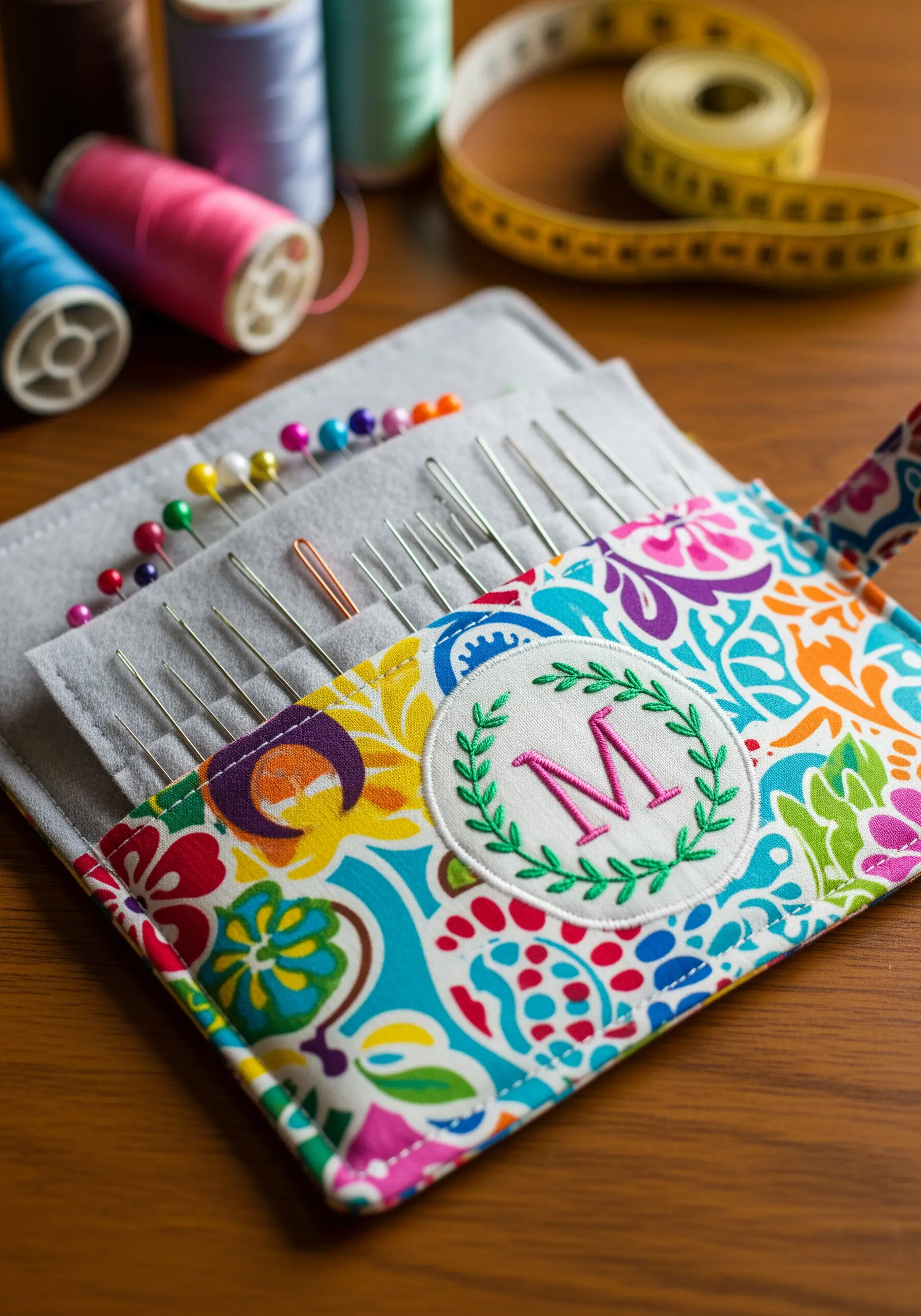 A colorful, patterned needle case with a white circular appliqué patch featuring a monogram.