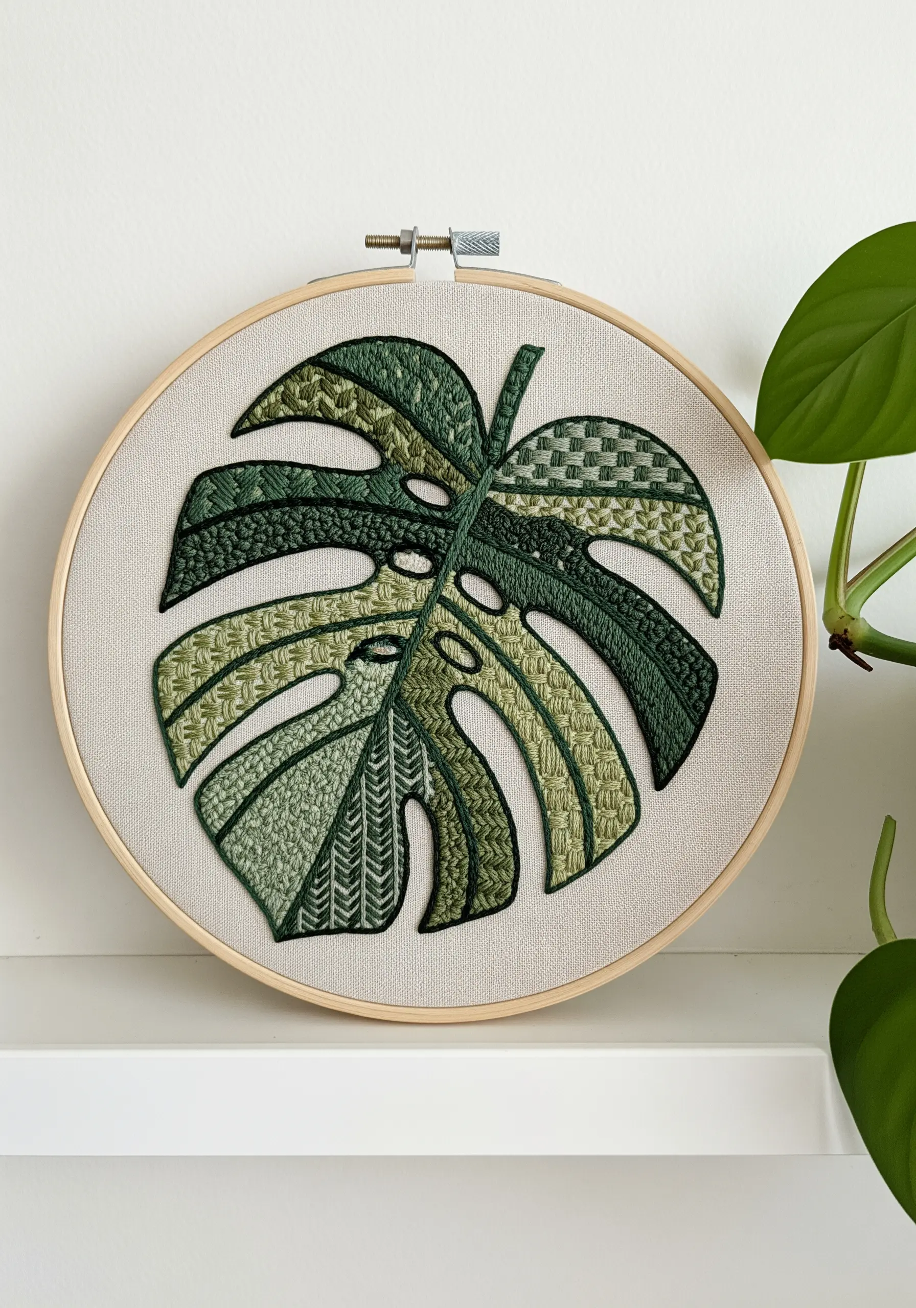 A monstera leaf silhouette filled with various green embroidery stitch patterns.