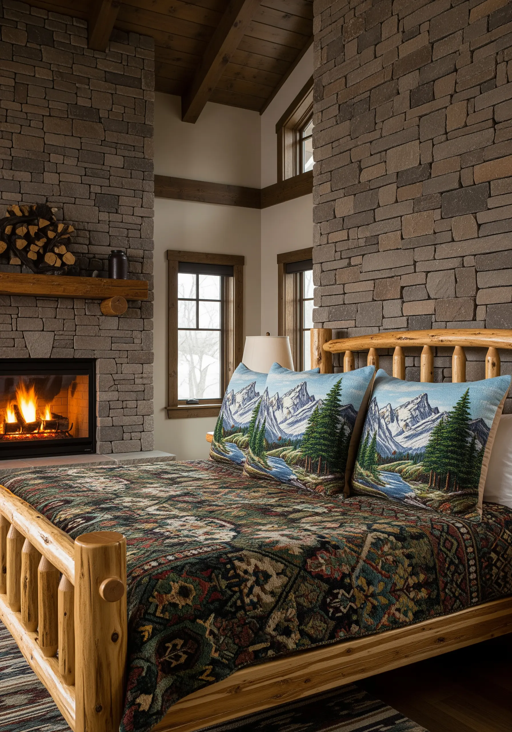 Embroidered pillows showing a serene mountain landscape with a river and pine trees.