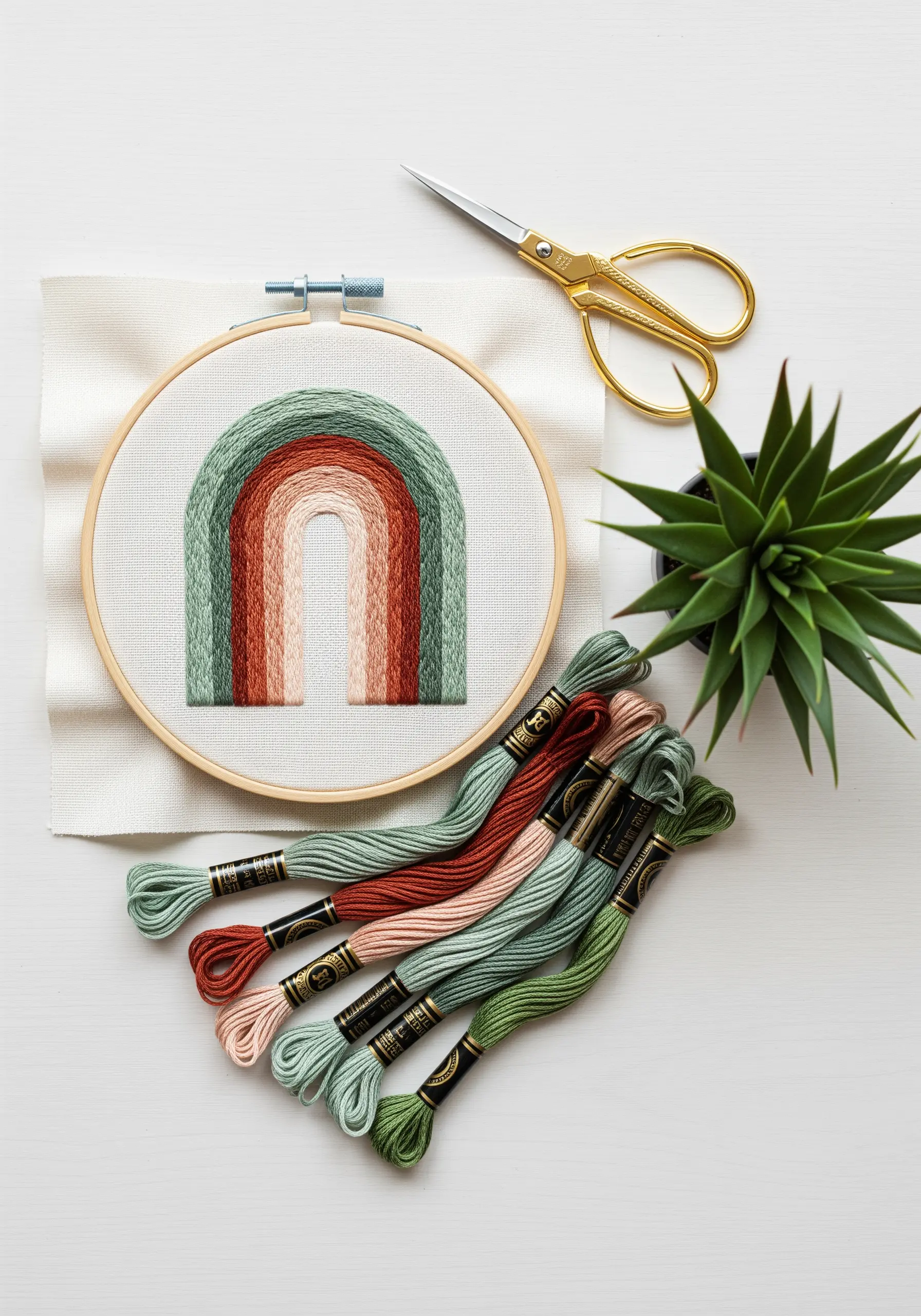An embroidered rainbow with arches of muted, earthy tones like sage green and terracotta.