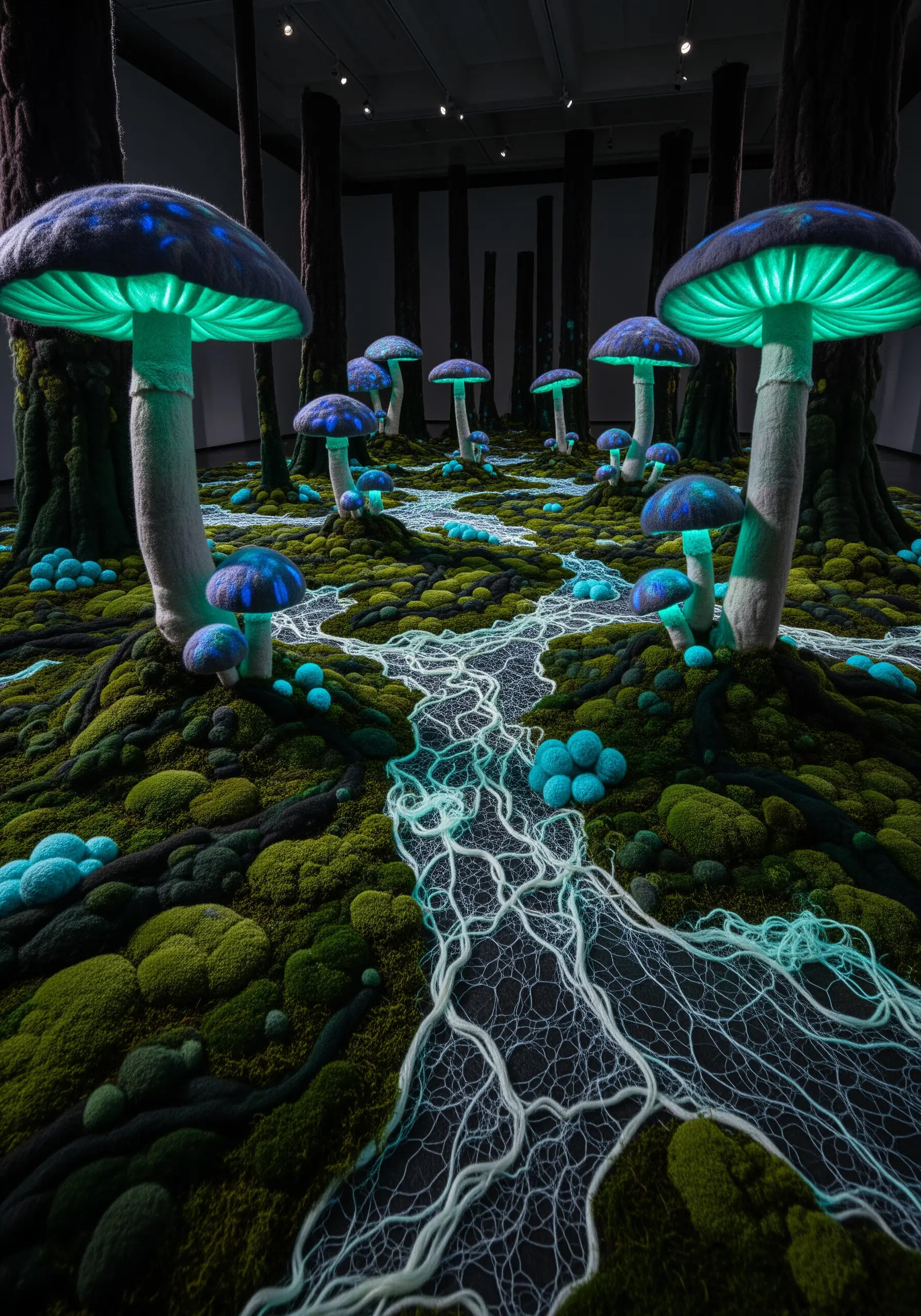 Bioluminescent mushroom fiber art installation with glowing green and blue details.