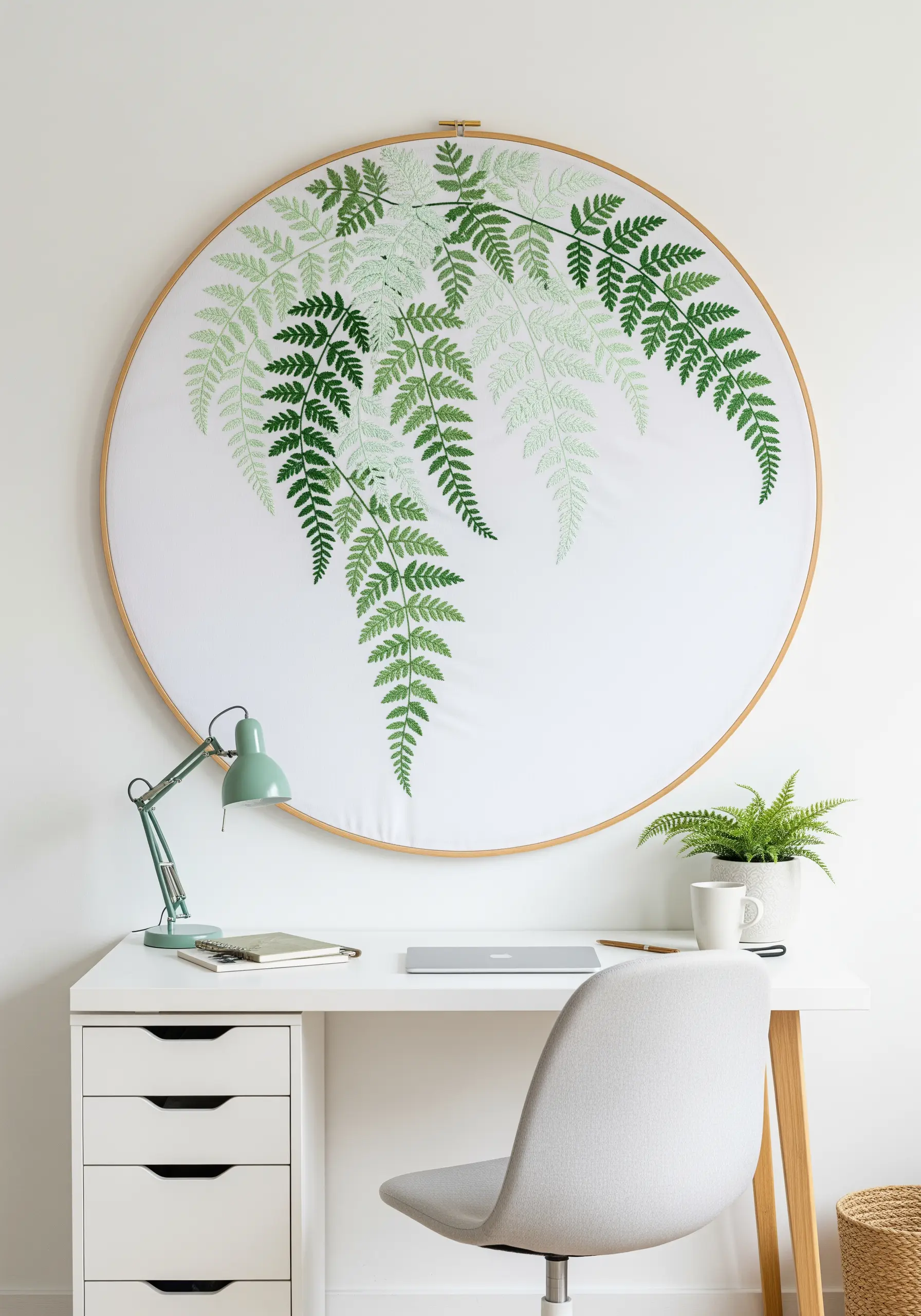 A very large embroidery hoop with fern leaves cascading down in a green gradient.