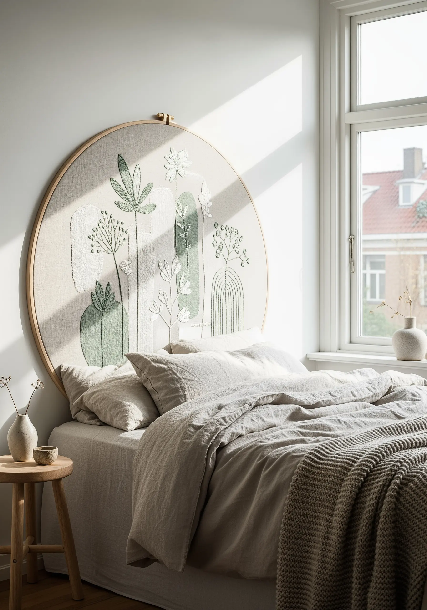 Large-scale botanical embroidery in a giant hoop serves as a headboard.