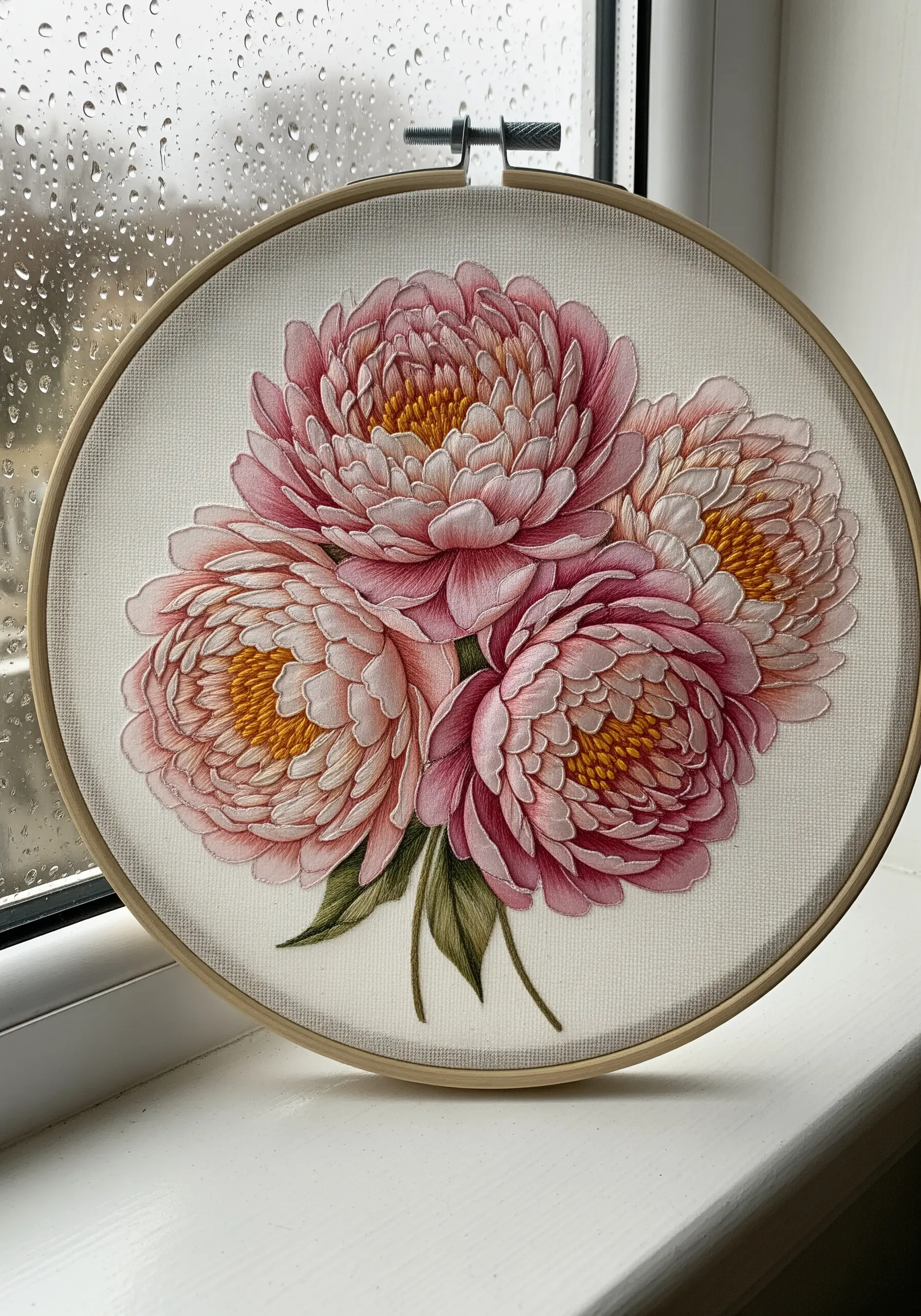 Intricate thread-painted pink and white peonies with dense, layered petals.