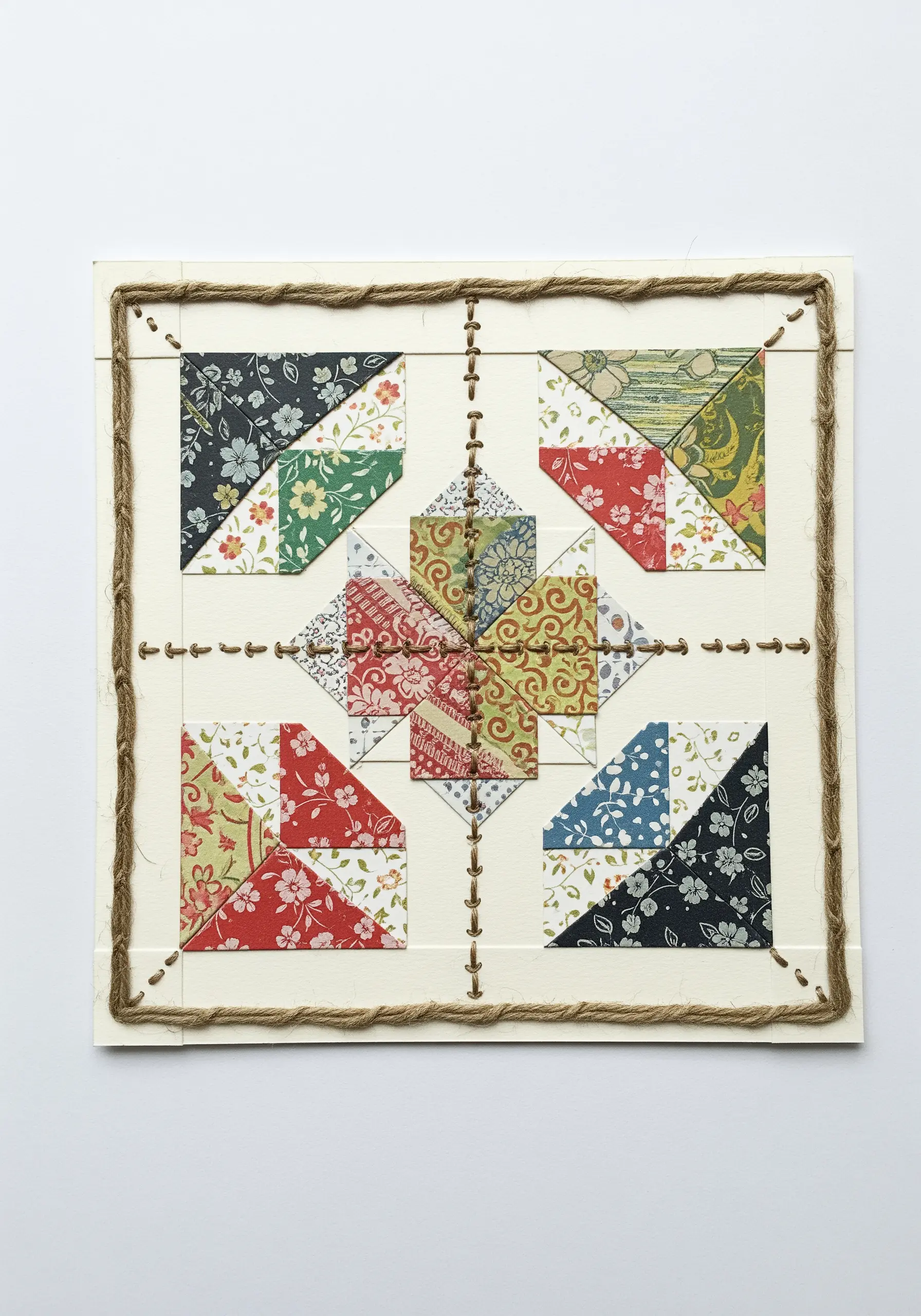 A quilt block design made from patterned paper, framed with thick twine stitching.