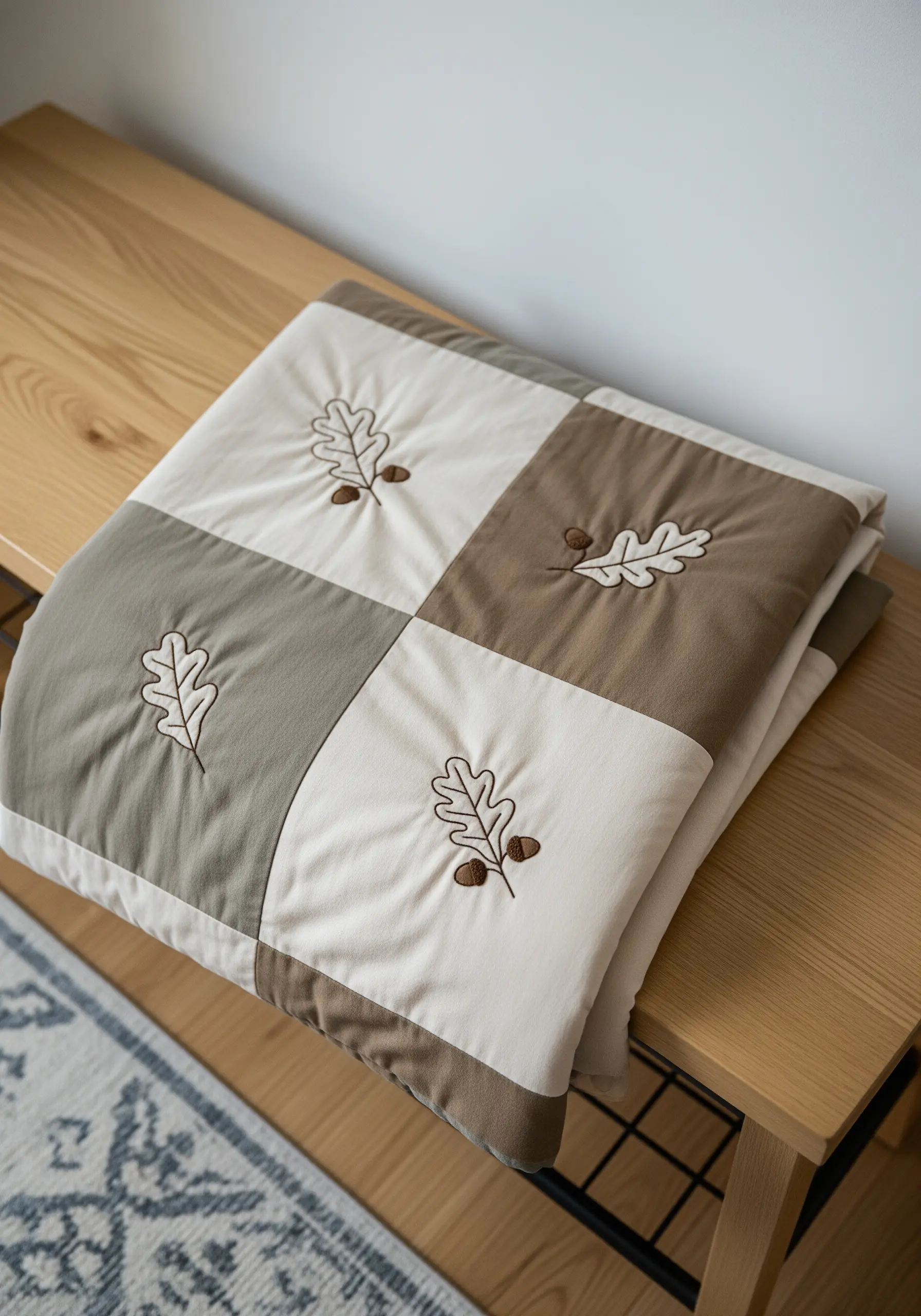 A patchwork quilt in neutral tones with a simple oak leaf embroidered on each square.