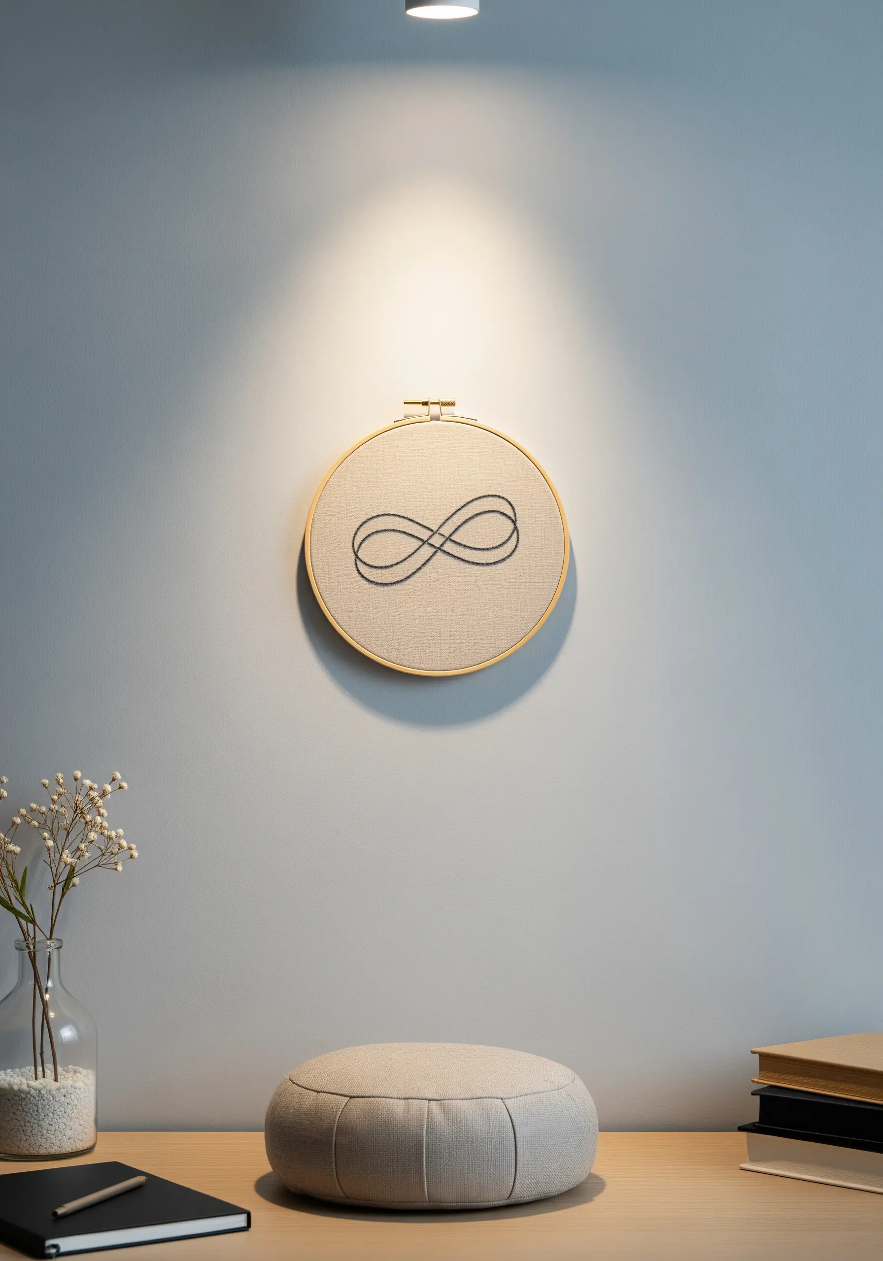 A simple infinity symbol stitched in black thread on neutral linen fabric in a hoop.